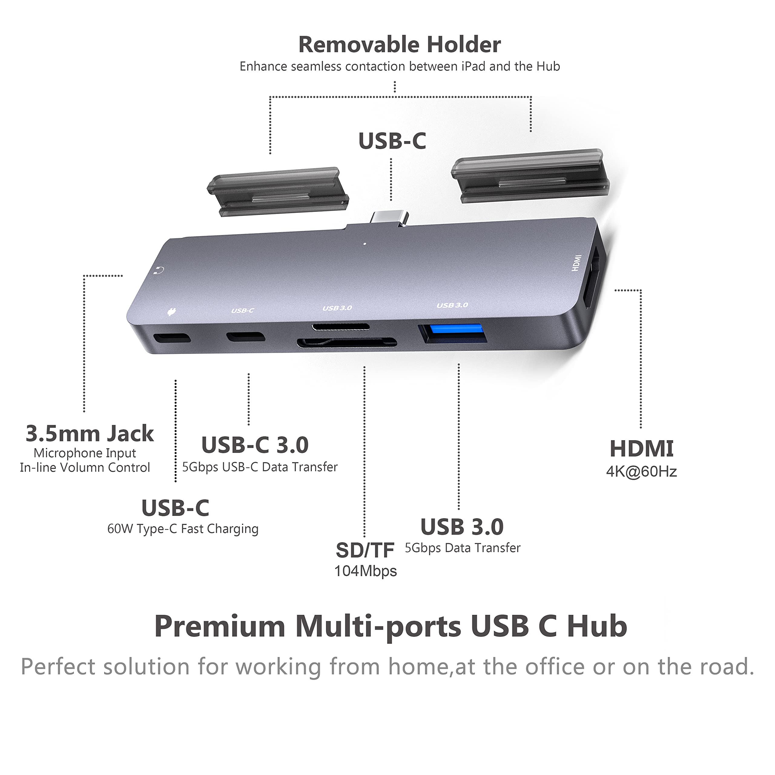 Ipad Pro Usb C Hub Adapter For Ipad Pro 2024 M4 M2 M1,7-In-1 Hub With 4K@60Hz Hdmi,3.5Mm Jack,Usb3.0,Pd 60W,Sd/Tf Card Slot,Ipad