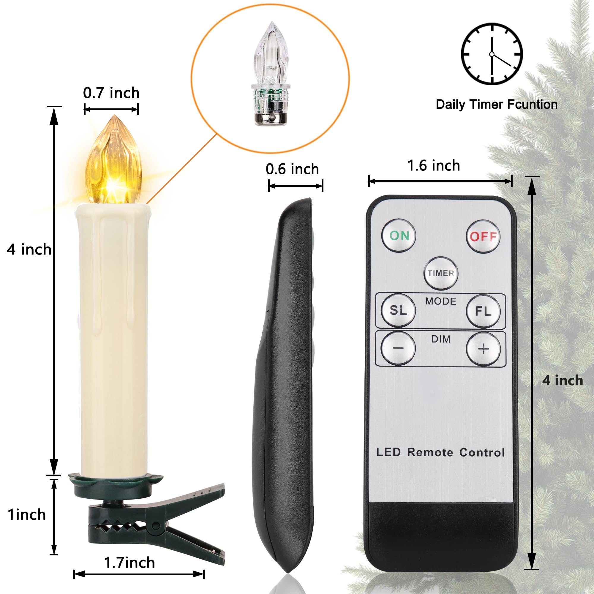 10 Pcs Led Window Flameless Taper Candle, Battery Operated Christmas Tree Candle Lights With Remote Timer, Flickering Tree Candl