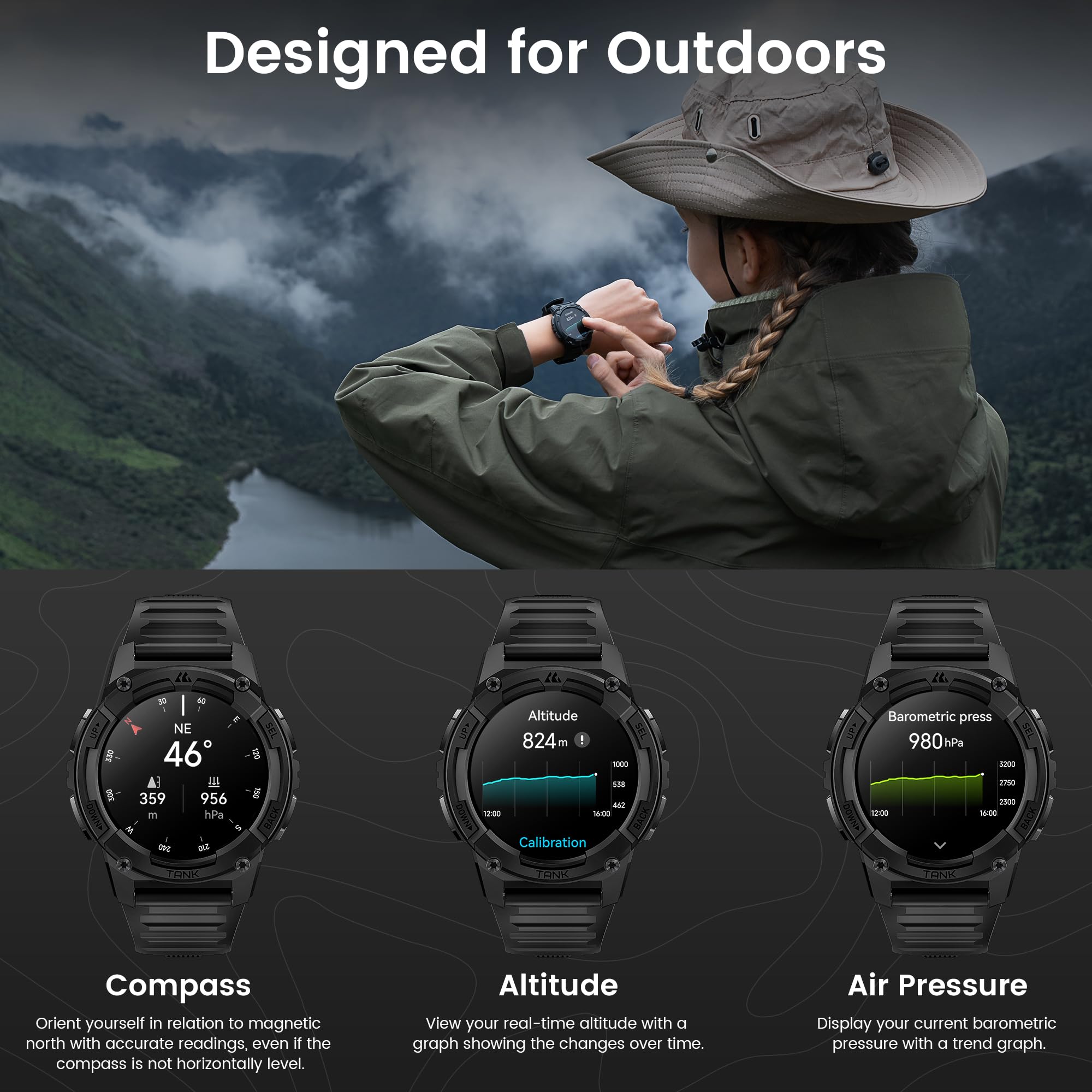 Kospet Tank S2 Smart Watch For Men Women Gps, 5Atm Waterproof, Pressure/Altitude/Compass, 1.32 '' Amoled Display Fitness Tracker