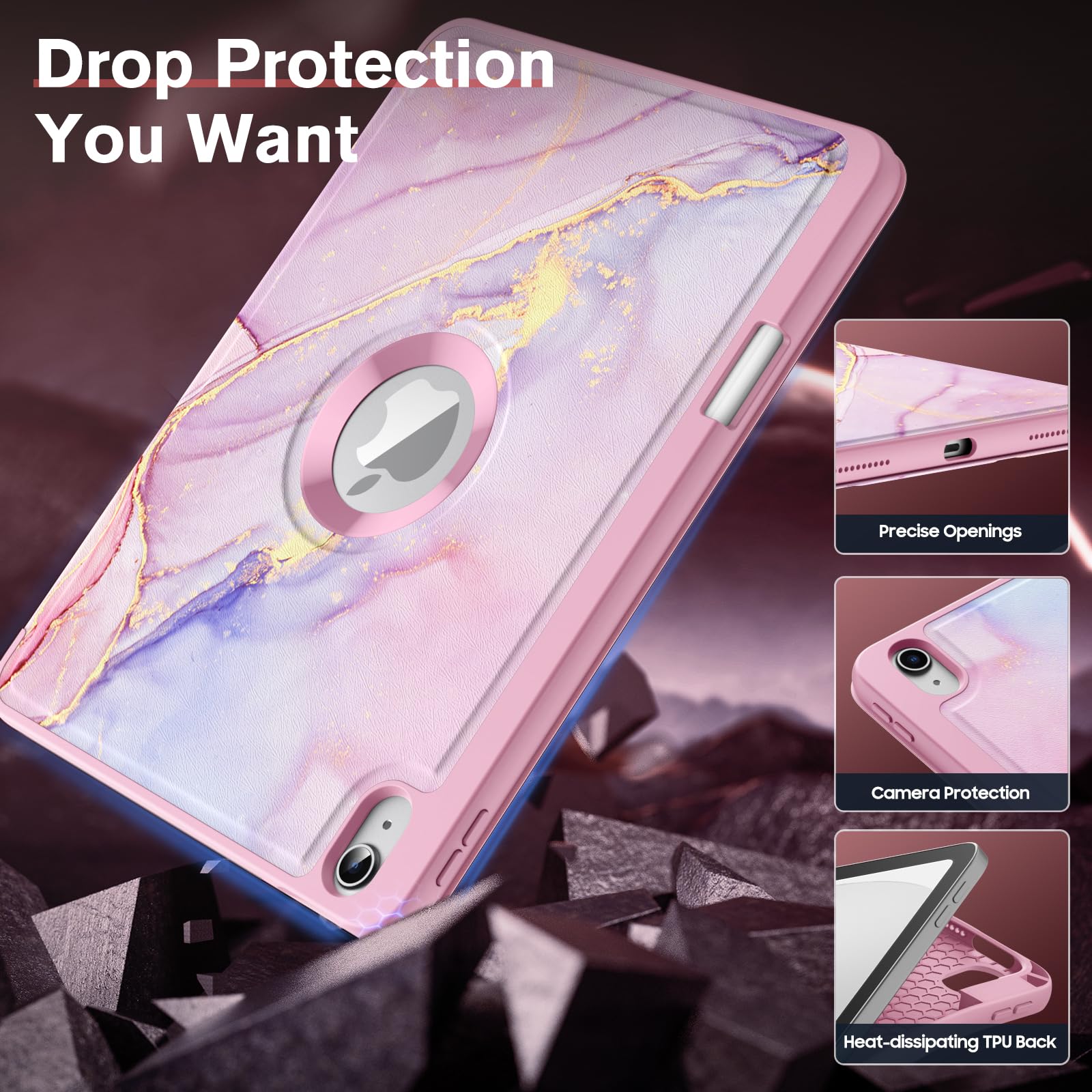 MoKo for iPad (A16) 11th Generation 2025 11 inch/10th Generation 10th 2022 10.9 inch Case with Pencil Holder, Smart Trifold iPad Case with Soft TPU Back Stand Cover, Auto Wake/Sleep, Pink Gold Marble