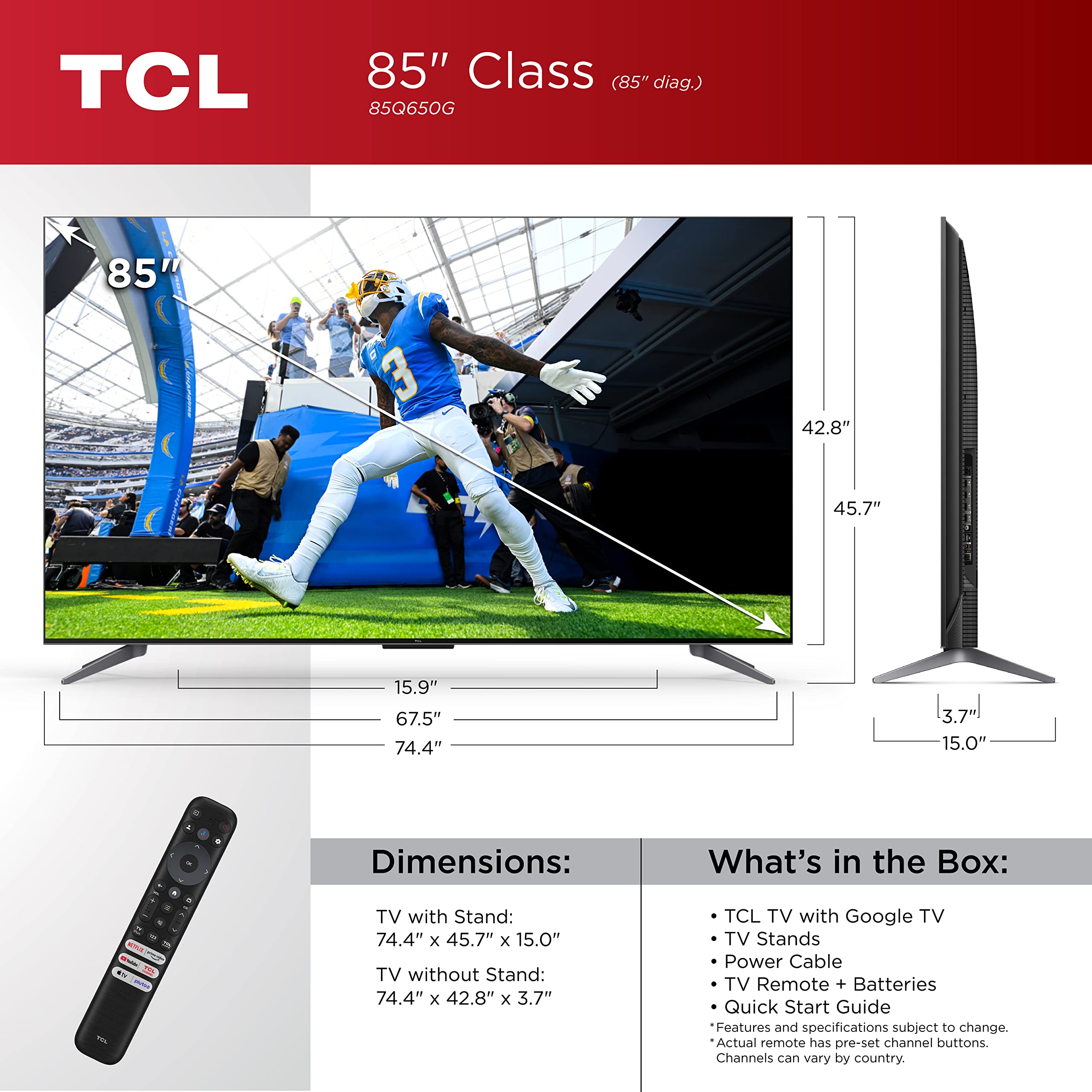 Tcl 85 Inch Q6 Qled 4K Smart Tv With Google Tv, Streaming Uhd, Dolby Vision, Dolby Atmos, Hdr Pro+, Game Accelerator Enhanced Ga
