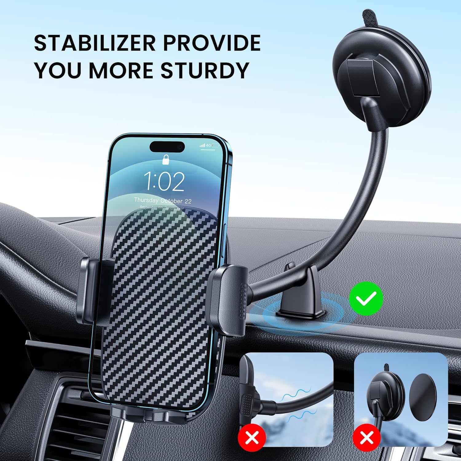 Bipopibo Car Phone Holder - Flexible Gooseneck Long Arm Phone Mount For Windshield With Washable Strong Suction Cup For All Ipho