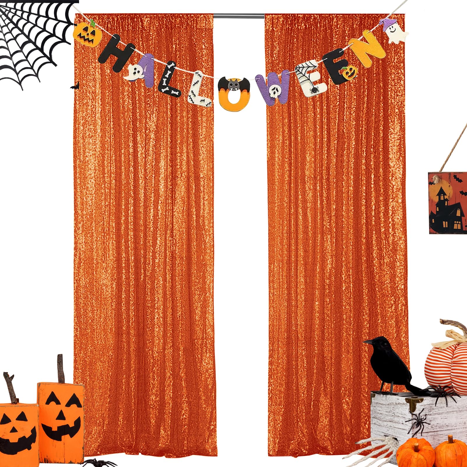 Hahuho Orange Sequin Backdrop Curtain, Halloween Glitter Backdrop Curtain For Parties, Christmas, Wedding, Party Decoration(2 Pa