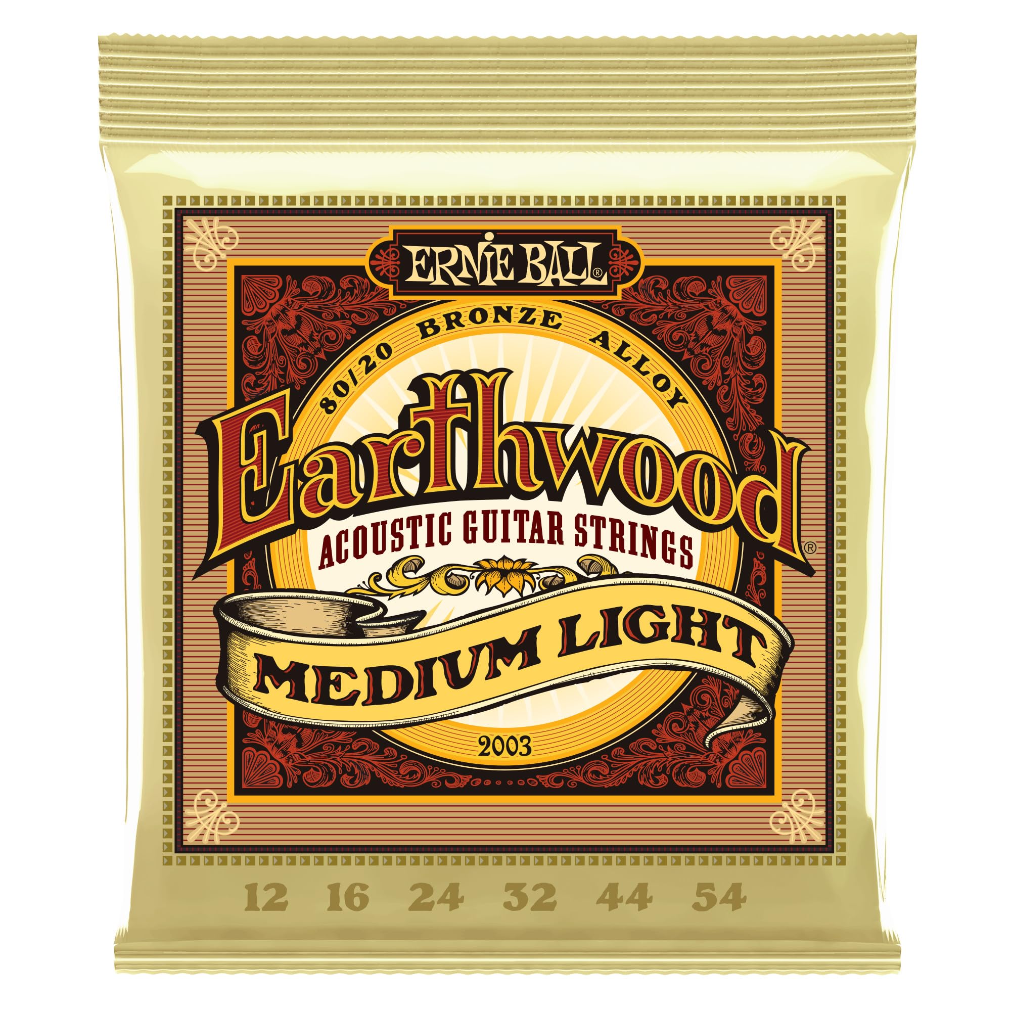 Ernie Ball Earthwood Medium Light 80/20 Bronze Acoustic Guitar Strings, 12-54 Gauge (P02003)
