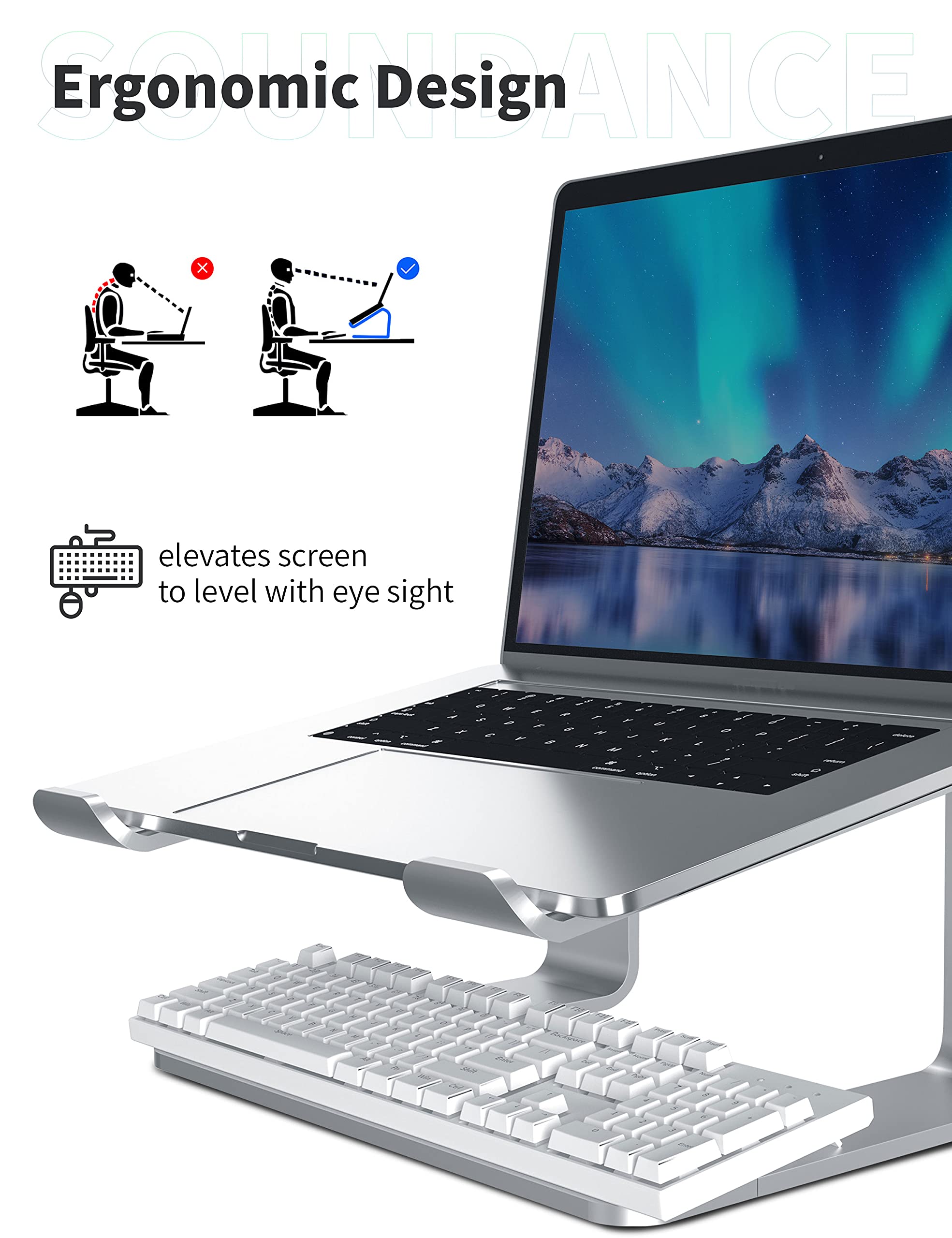 Soundance Laptop Stand, Aluminum Computer Riser, Ergonomic Laptops Elevator For Desk, Metal Holder Compatible With 10 To 15.6 Inches Notebook Computer, Silver