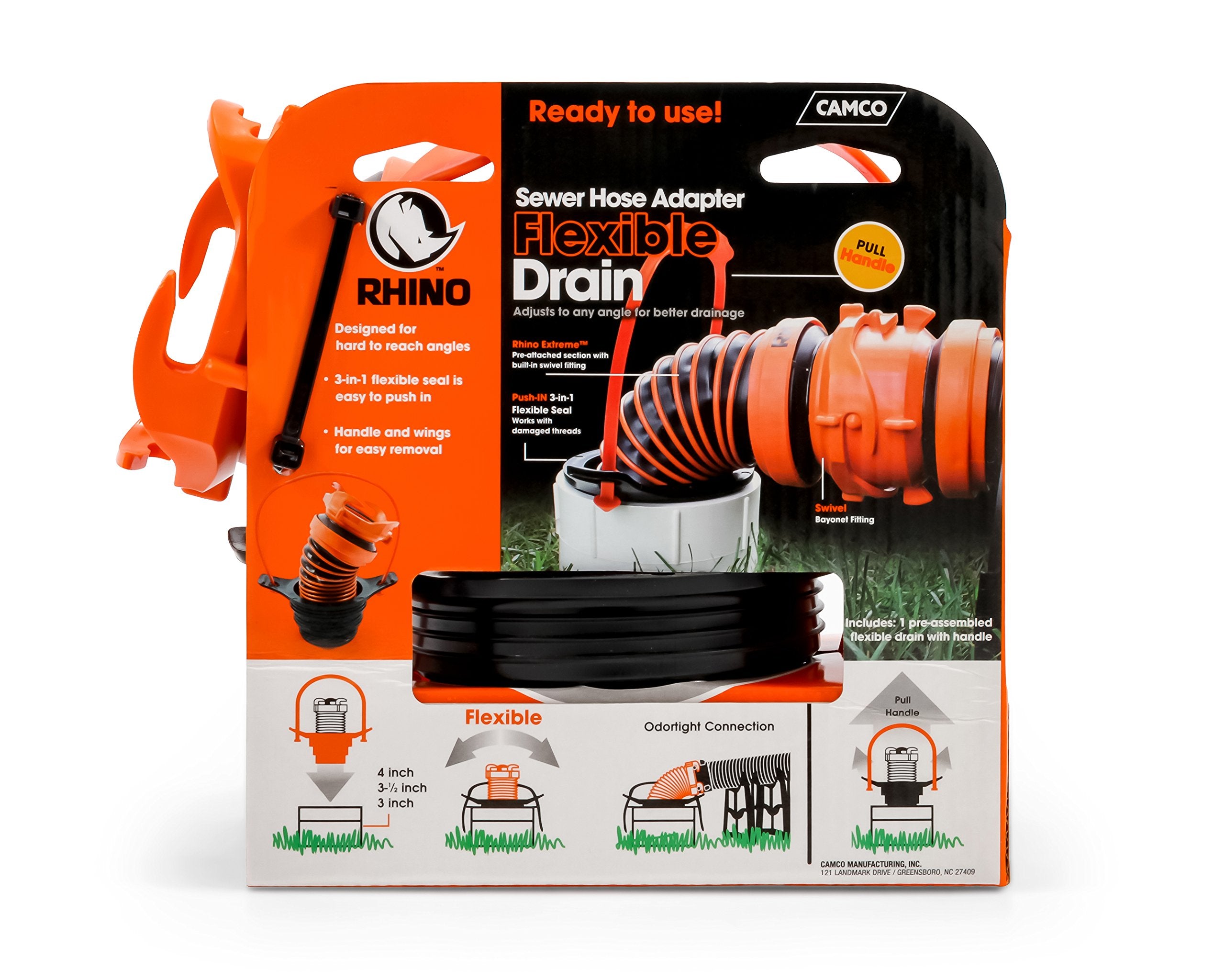 Camco 39319 Flexible 3-In-1 Sewer Hose Seal With Rhinoextreme Hose And Handle- Flexible Fitting Makes Connection To A Sewer Inle,WBAUVB07FJFZPHL