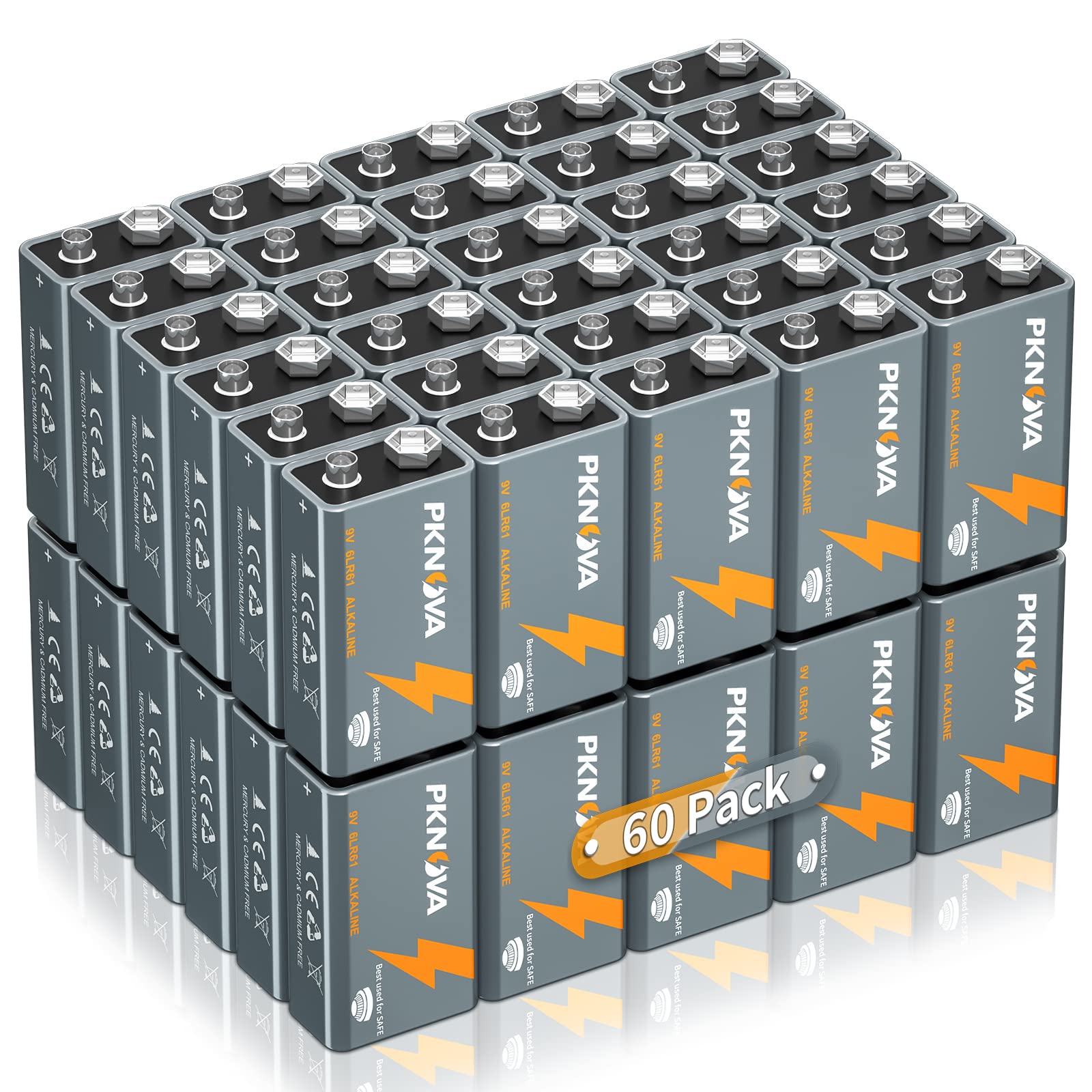 Pknova 9V Batteries Alkaline 9 Volt Square Battery For Smoke Detector, Long Lasting, 60 Count Pack