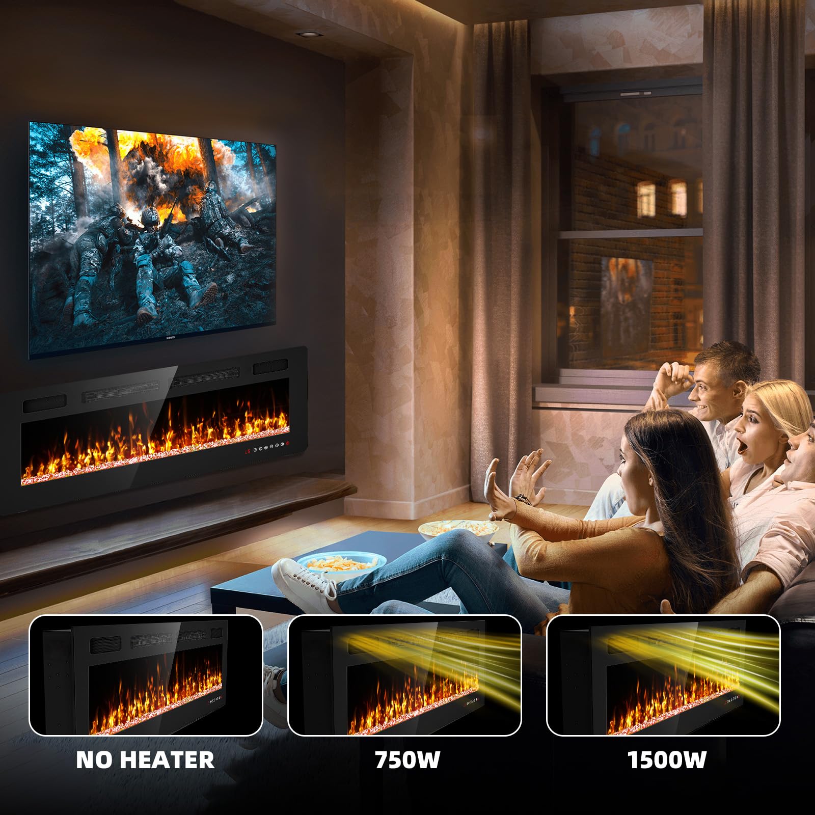 50 Inch Ultra Thin Electric Fireplace Inserts And Wall Mounted With Remote Control & Touch Screen 1500W Fireplace Heater With Ti