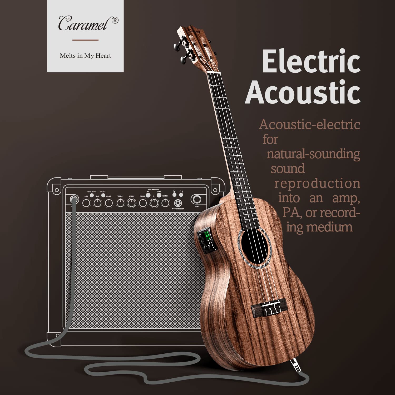 Caramel Cb207 Acacia Baritone Acoustic Electric Ukulele With Truss Rod With Additional Strings, Padded Gig Bag, Strap And Eq Cab