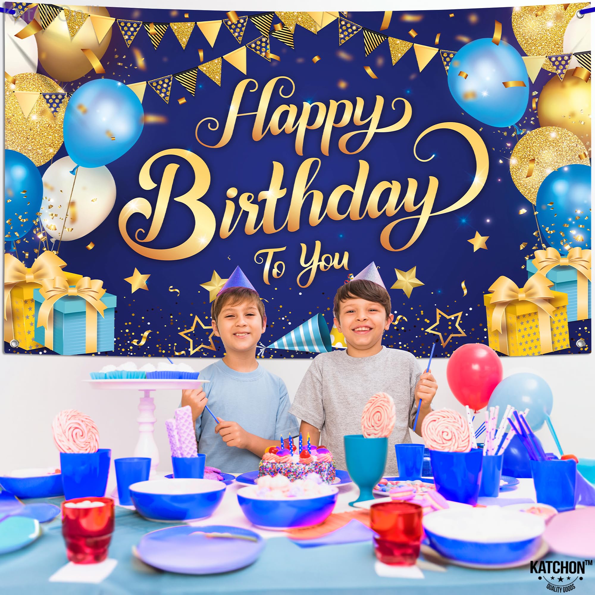 Katchon, Xtralarge Blue And Gold Happy Birthday Banner   72X44 Inch | Gold Happy Birthday Backdrop | Happy Birthday Backdrop Blu