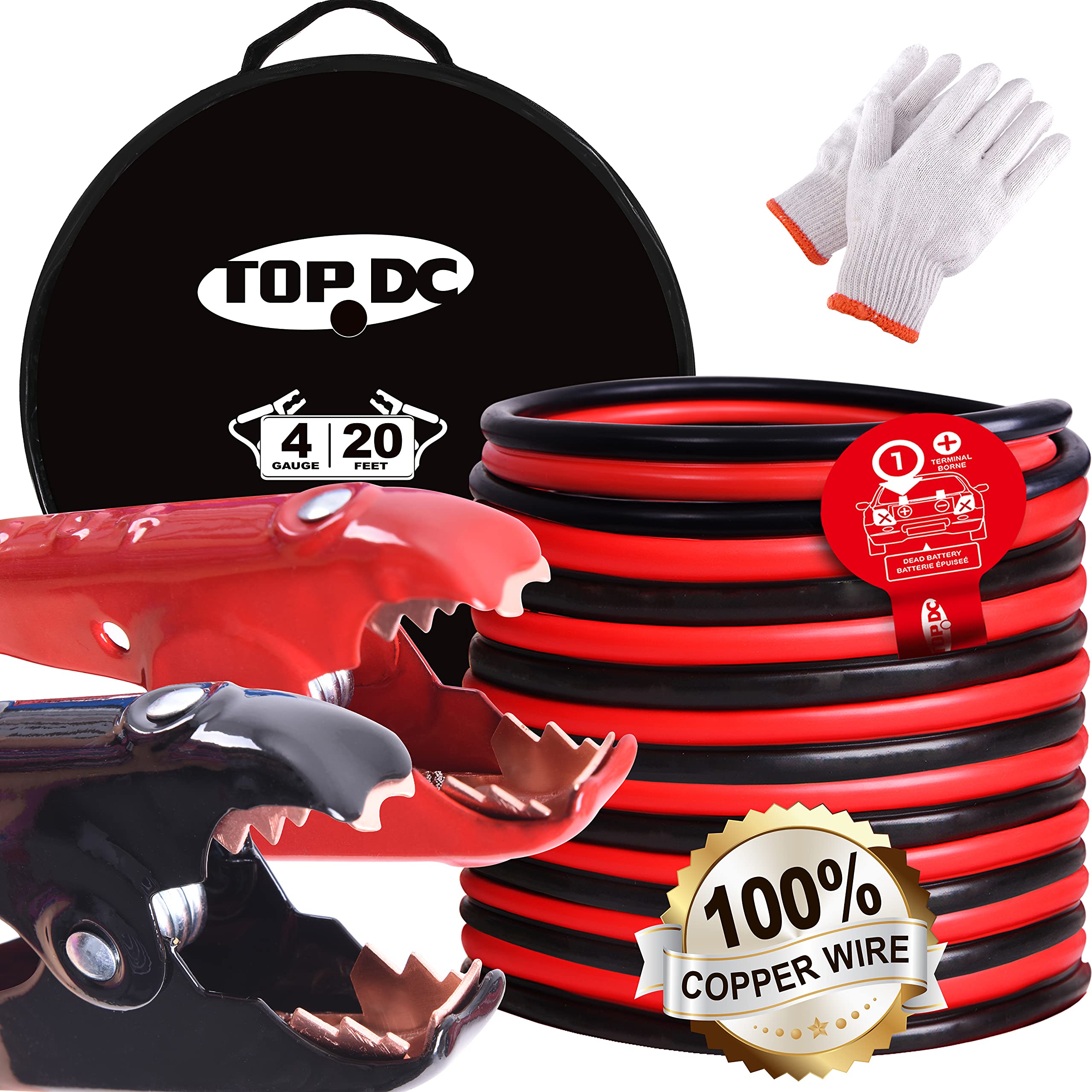 TOPDC Pure Copper 4 Gauge 20 Feet Jumper Cables with UL-Listed Clamps for Car, SUV Trucks Battery, Heavy Duty Booster Cables for