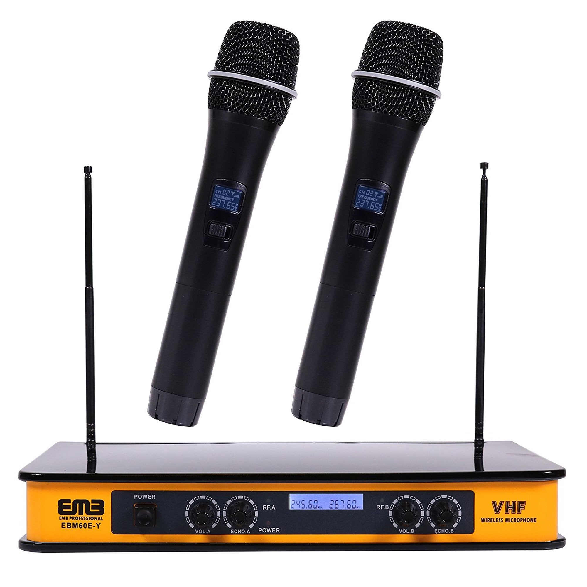 Emb   Ebm60E Yellow Vhf Dual Wireless Handheld Microphone System With Echo Feature. Great For Karaoke, Dj, Pa, Presentation, Liv