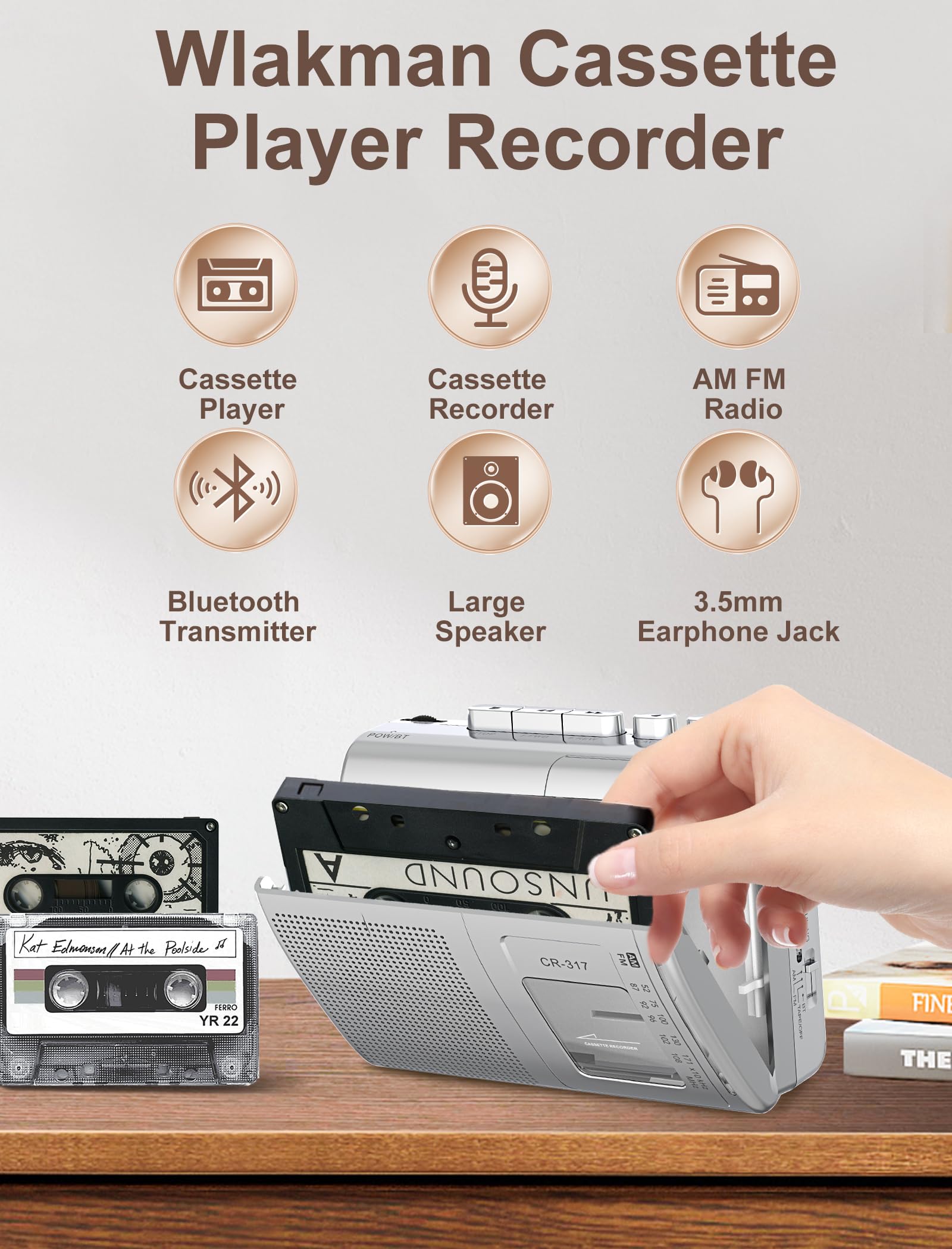Cassette Player Recorder With Bluetooth Transmitter Walkman, Portable Am Fm Cassette Player With Big Speaker, Stereo Earphone Ja