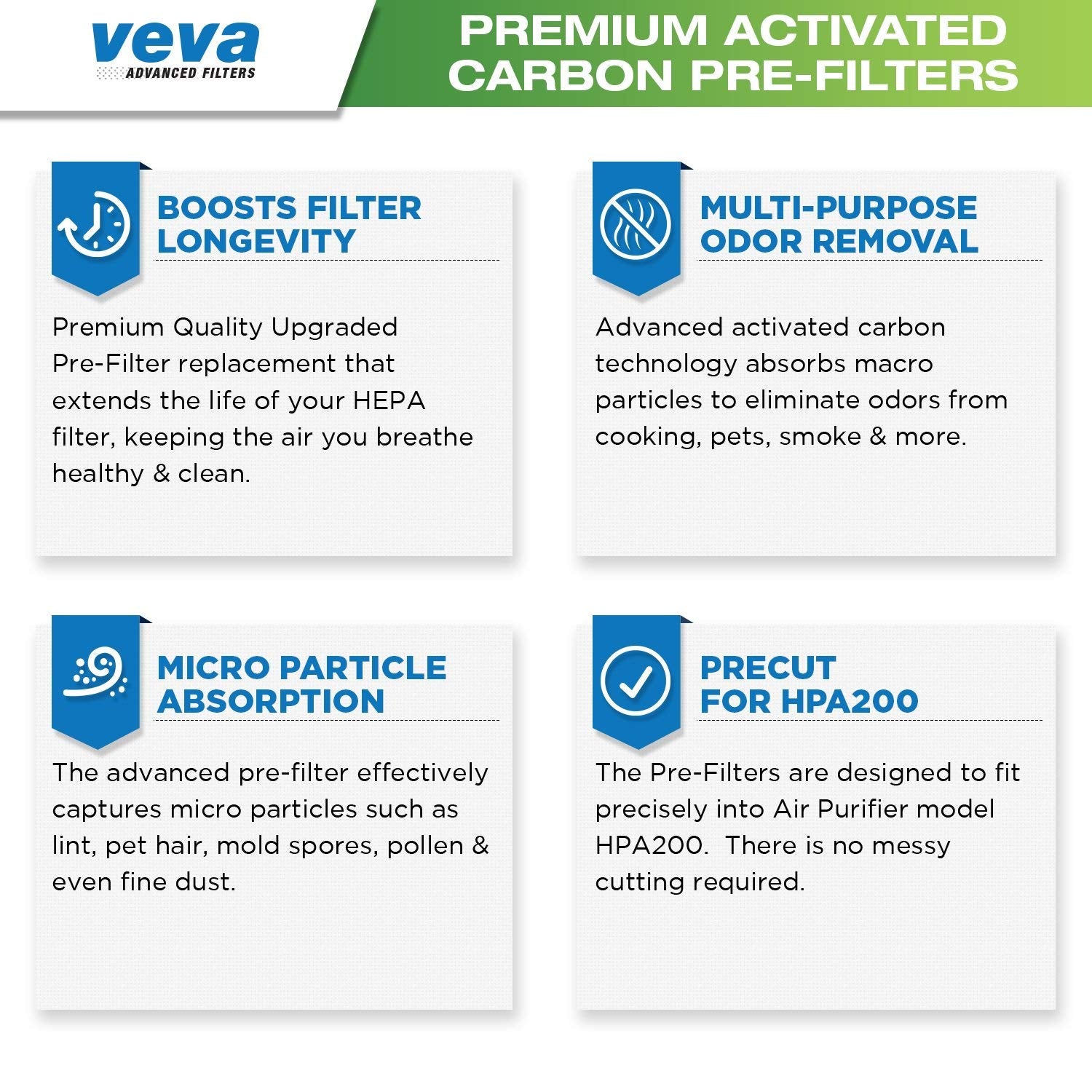 Veva Precut For Hpa200 Premium Carbon Activated Pre Filters 12 Pack Compatible With Hw Air Purifier Models 200, 202, 204, 250B.