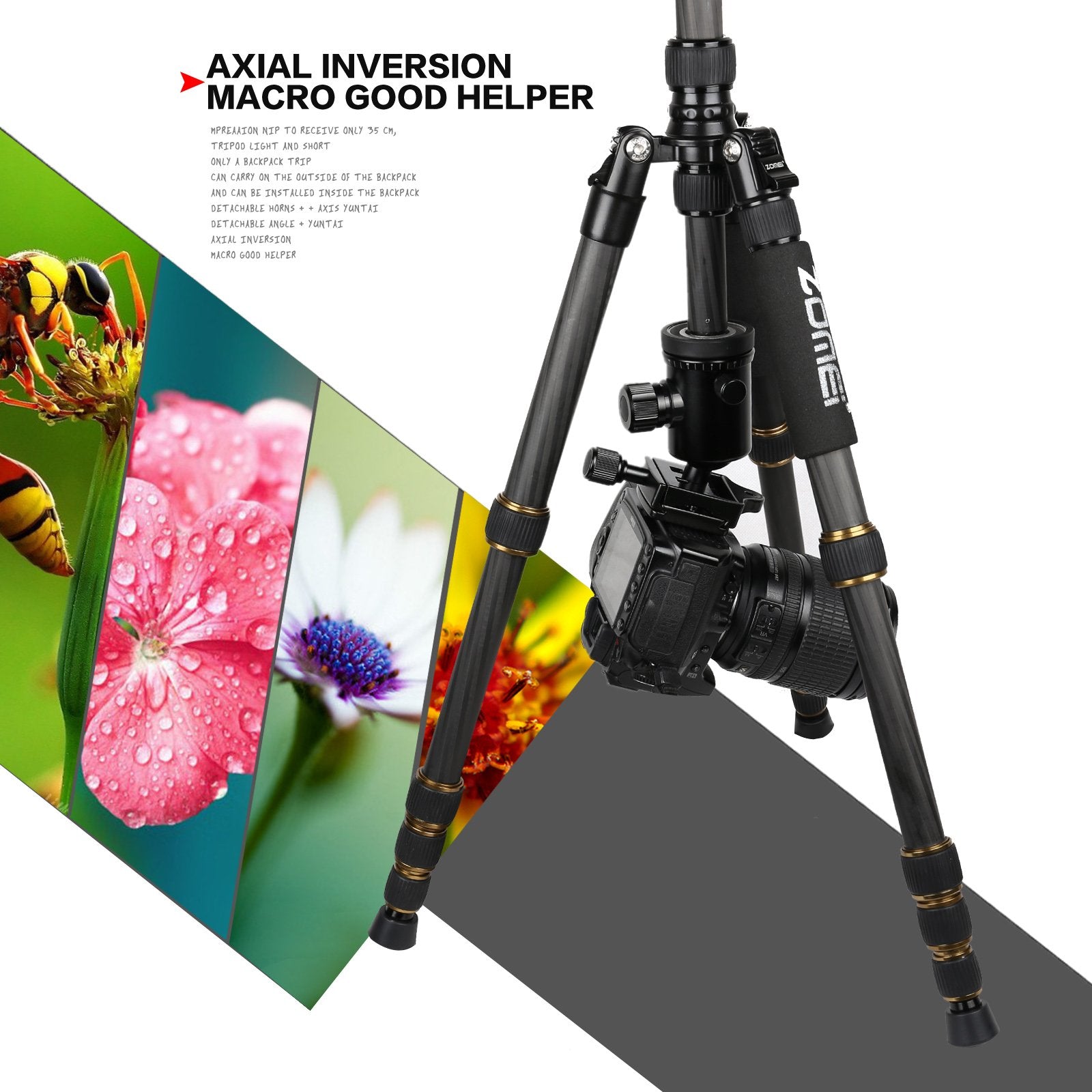 Zomei Z669C Carbon Fiber Portable Tripod With Ball Head Compact Travel For Canon,Sony, Nikon, Samsung, Panasonic, Olympus, Kodak