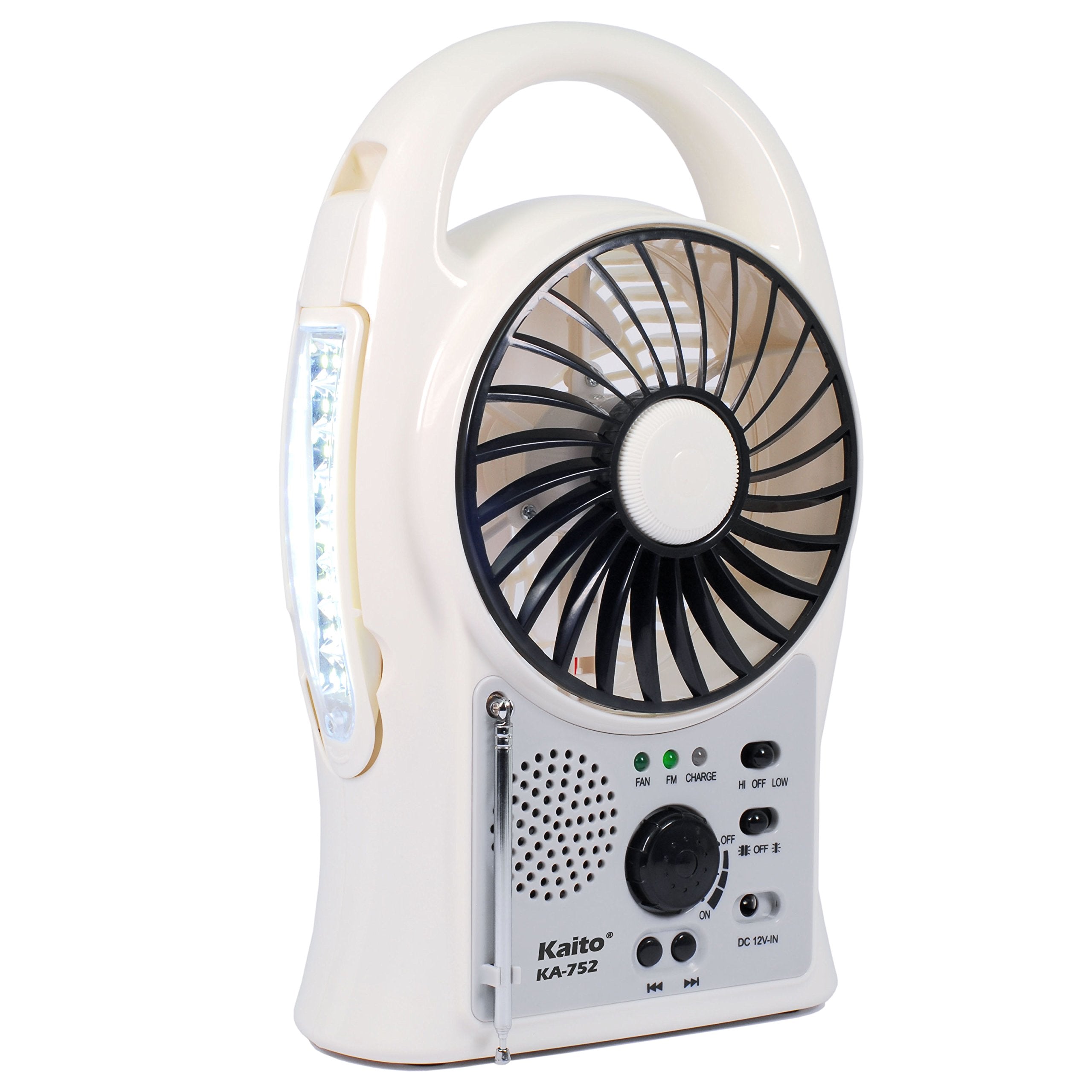 Kaito Portable Electric Fan 3-In-1 Ka752 Rechargeable 5 2-Speed Battery-Powered Personal Fan With Scan Fm Radio & 24-Led Camping