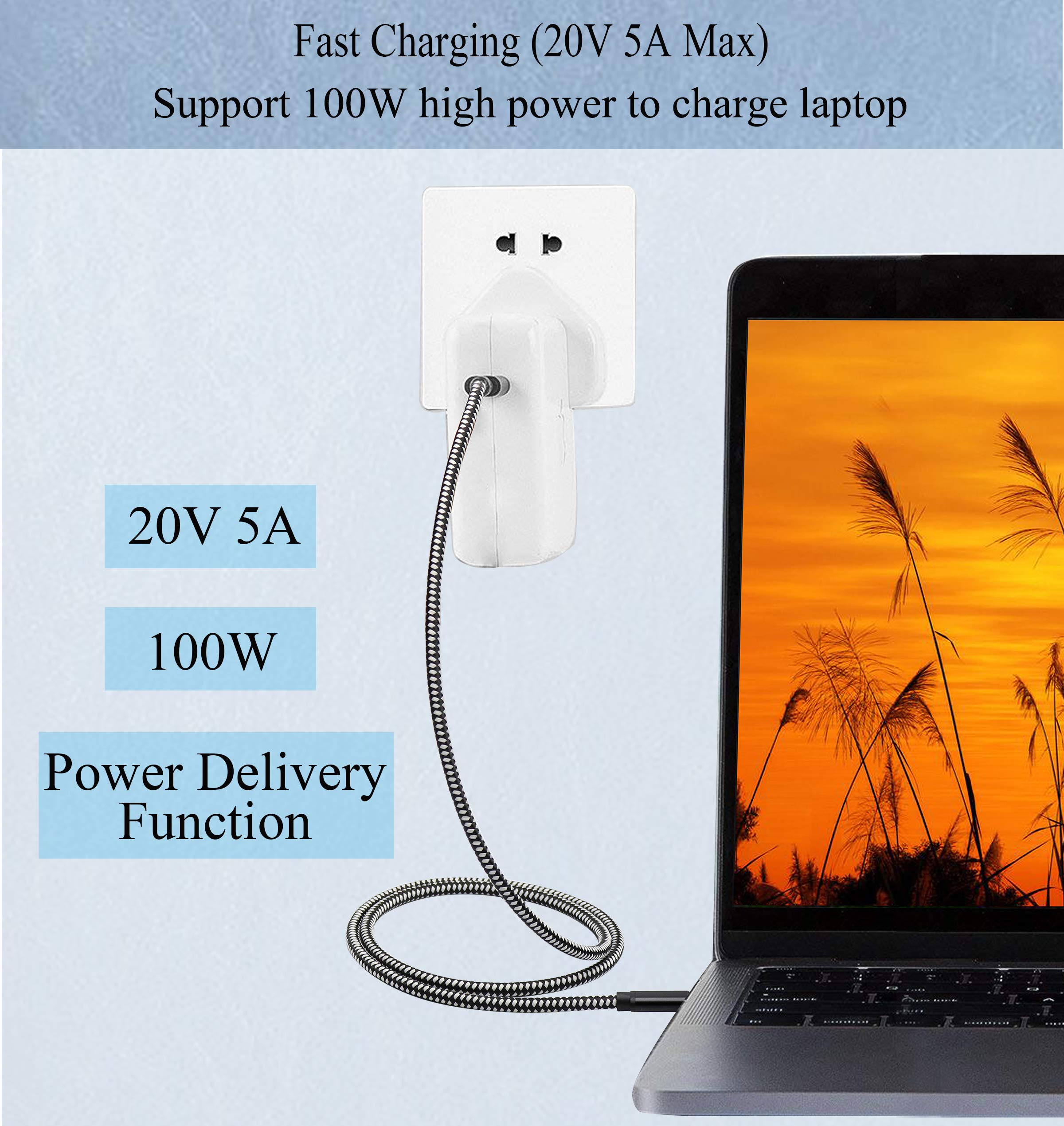 Aaotokk 100W Type C 3.1 Cable Usb-C 3.1 Male Gen 2 (10Gbps) Connector Extension Cable (20V 5A), Supports Charging, Data, Audio,