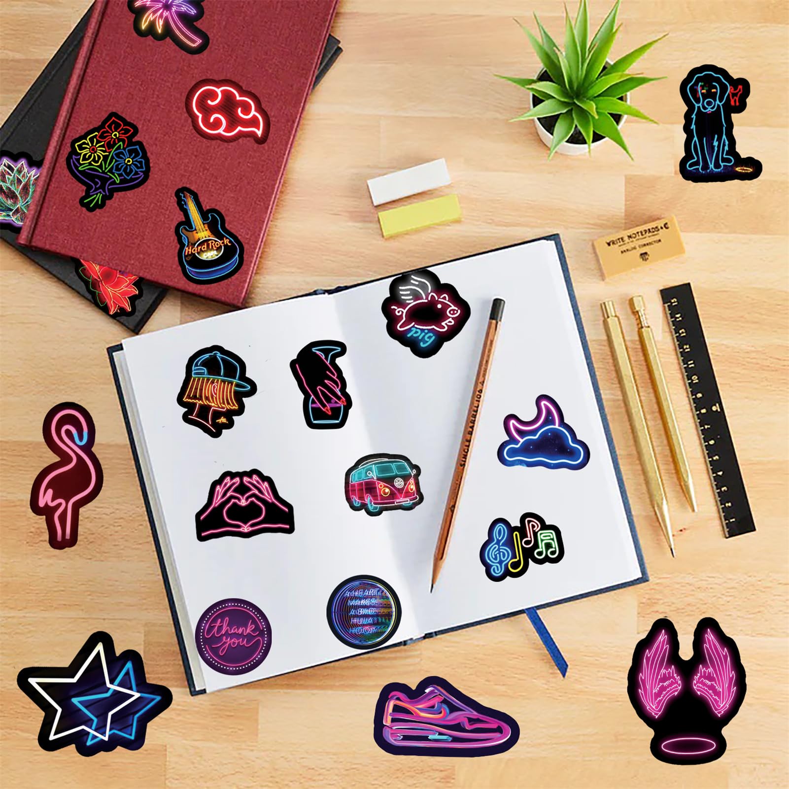 100Pcs Cool Neon Light Stickers For Kids Teens Adults, Trendy Graffiti Waterproof Vinyl Neon Stickers Pack For Water Bottle, Gui