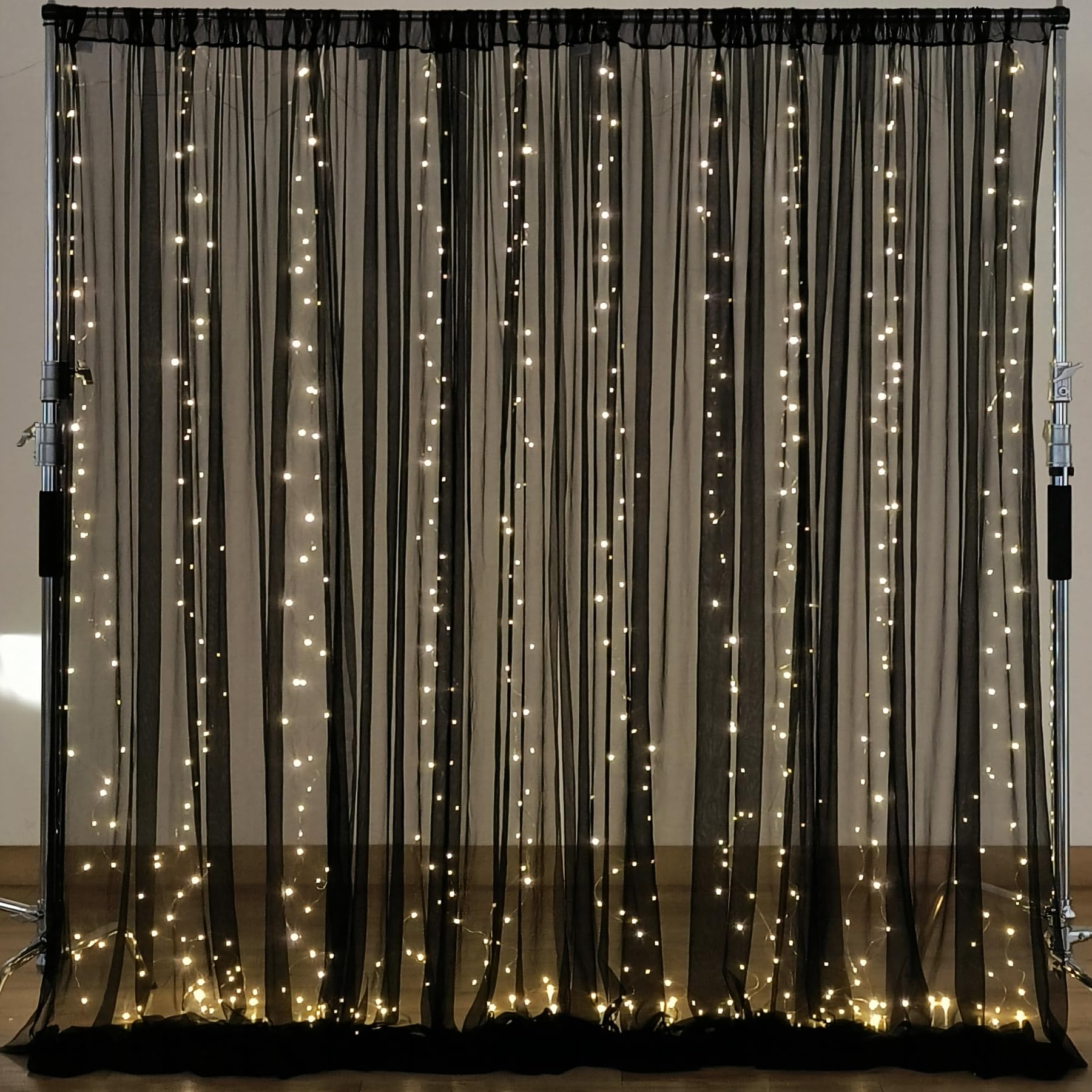 10  10Ft Black Tulle Backdrop Curtain With Lights String For Parites, Sheer Curtain Backdrop Drapes For Wedding Party Home Decor