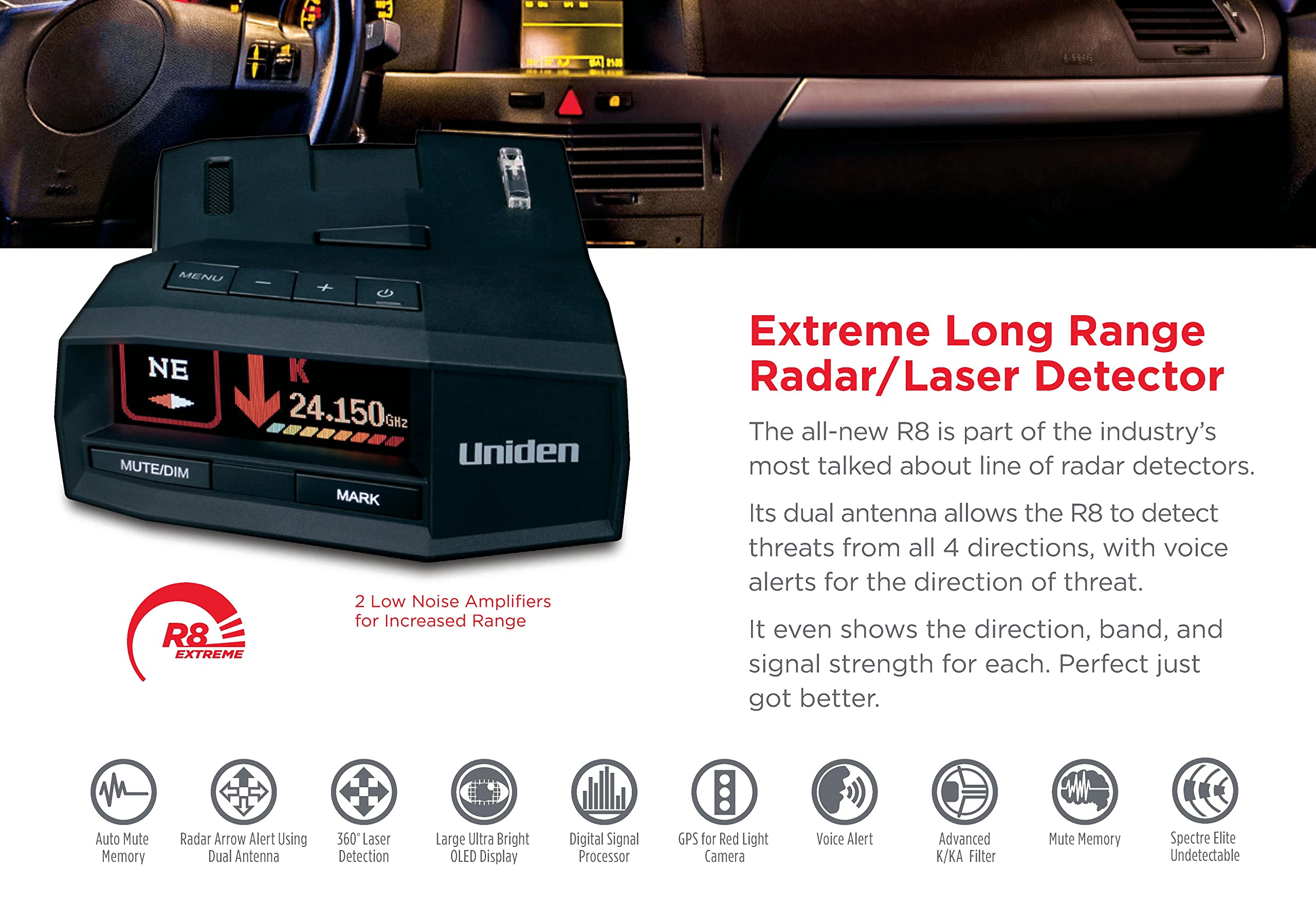 Uniden R8 Extreme Long-Range Radar/Laser Detector, Dual-Antennas Front & Rear Detection W/Directional Arrows, Built-In Gps W/Rea