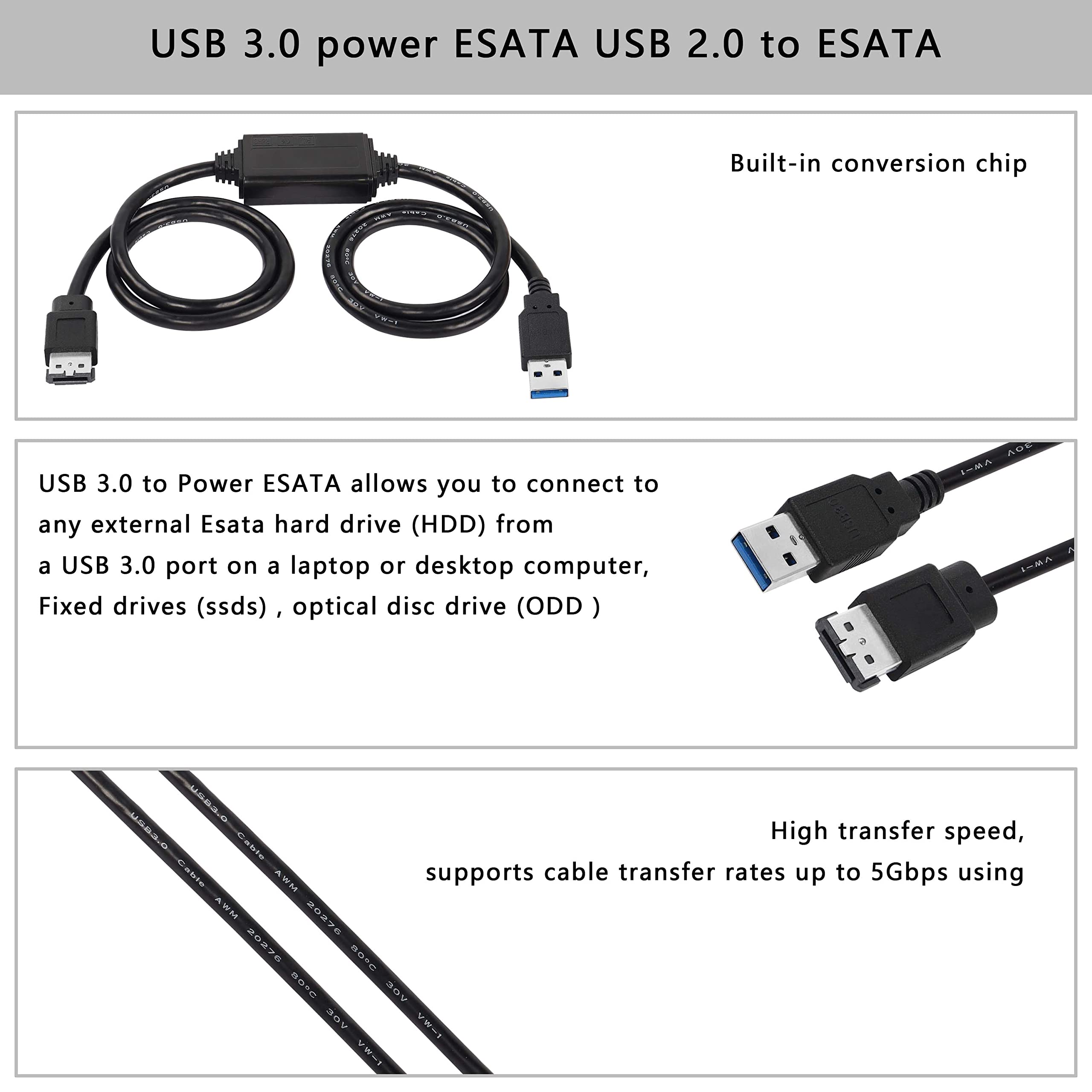 Xmsjsiy Usb To Esata Adapter Cable 5Gbps Usb 3.0 To Power Esata Converter Cable 5V For Hdd/Ssd/Odd Laptop Pc   3 Ft/1M