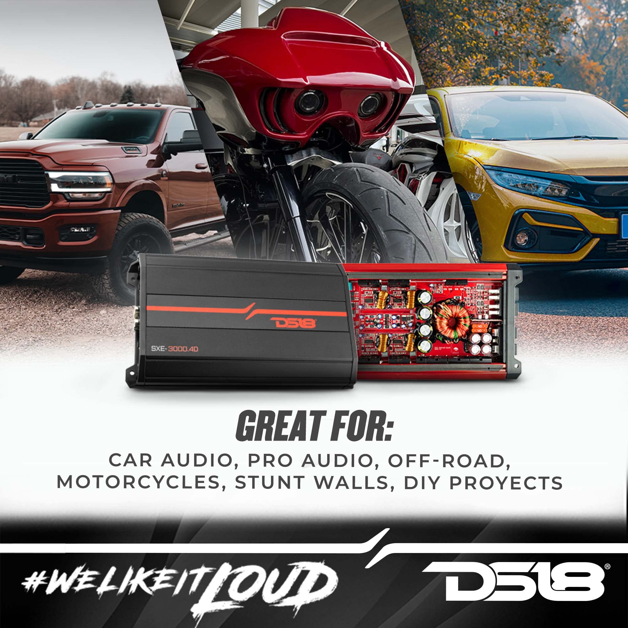 Ds18 Sxe-3000.4D/Rd Car Amplifier Stereo Full-Range Class D 4-Channel 200X4 Rms @4 Ohm 3000 Watts - Powerful And Compact Amp For