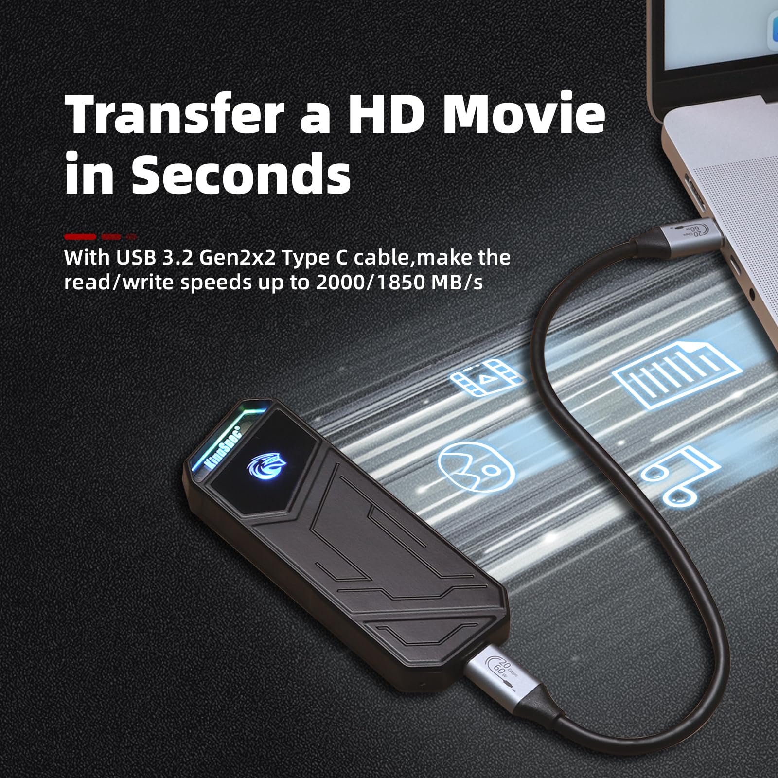 Kingspec Z5 2Tb External Ssd   2100Mb/S, Portable Solid State Hard Drives With Rgb Light, Zinc Alloy Case, Usb 3.2 Gen2X2 Interf