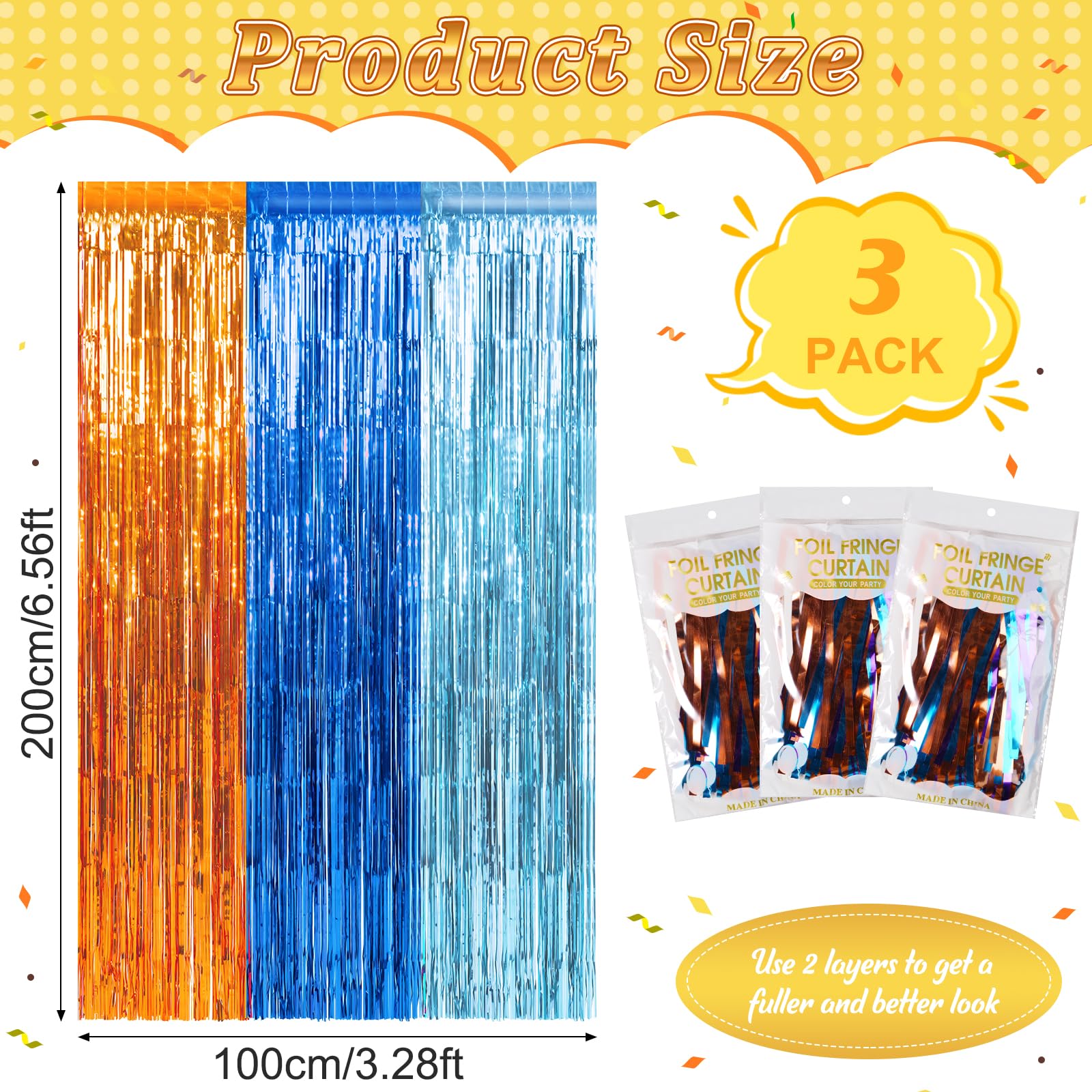 3 Pack 3.3X6.6Ft Blue Dog Foil Fringe Curtains Backdrop Decorations, Orange Blue And Light Blue Birthday Party Tinsel Metallic S