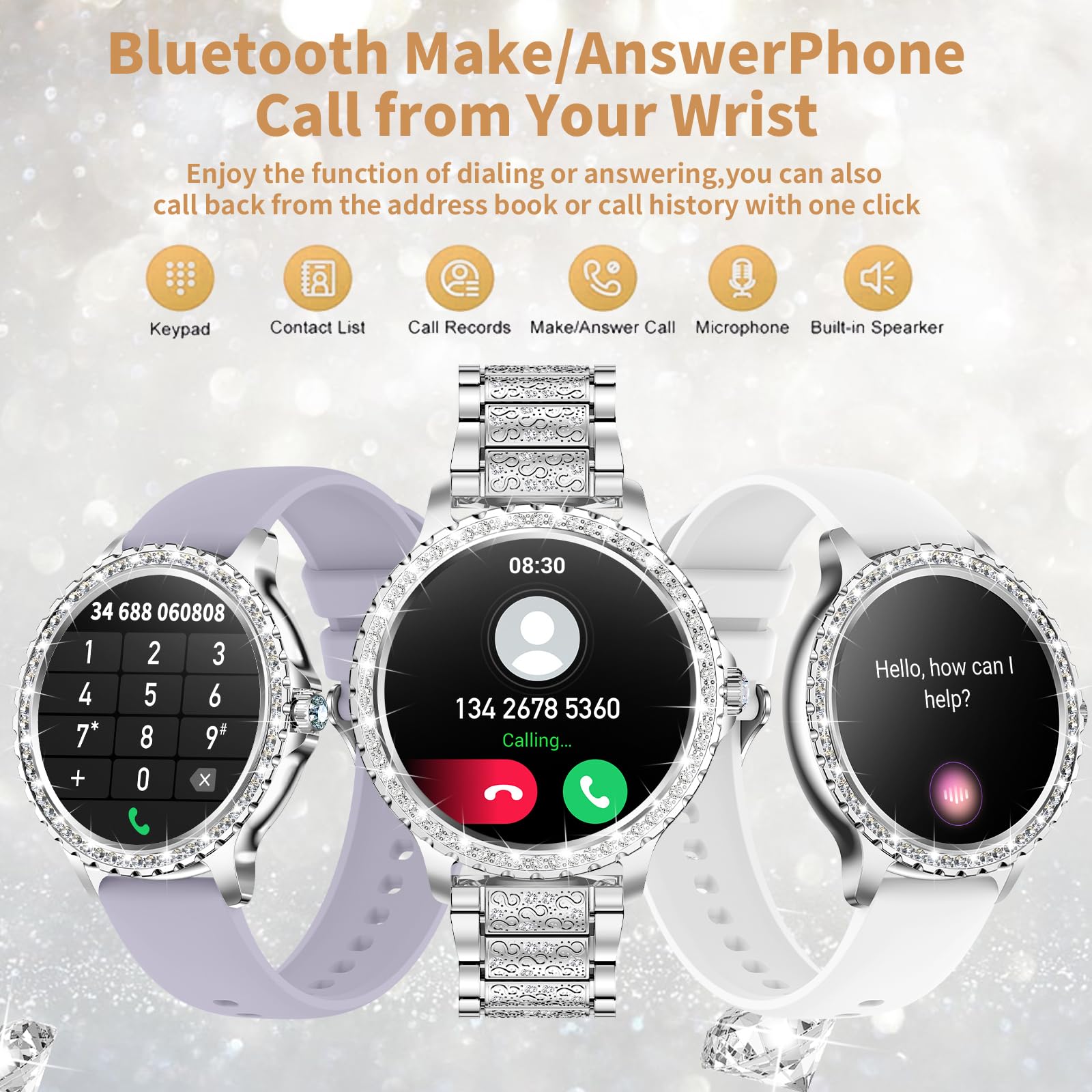 Smart Watch For Women With Diamonds (Answer/Make Call),1.32 ' 'Full Touch Screen Smartwatch For Android Phones,Fitness Tracker W