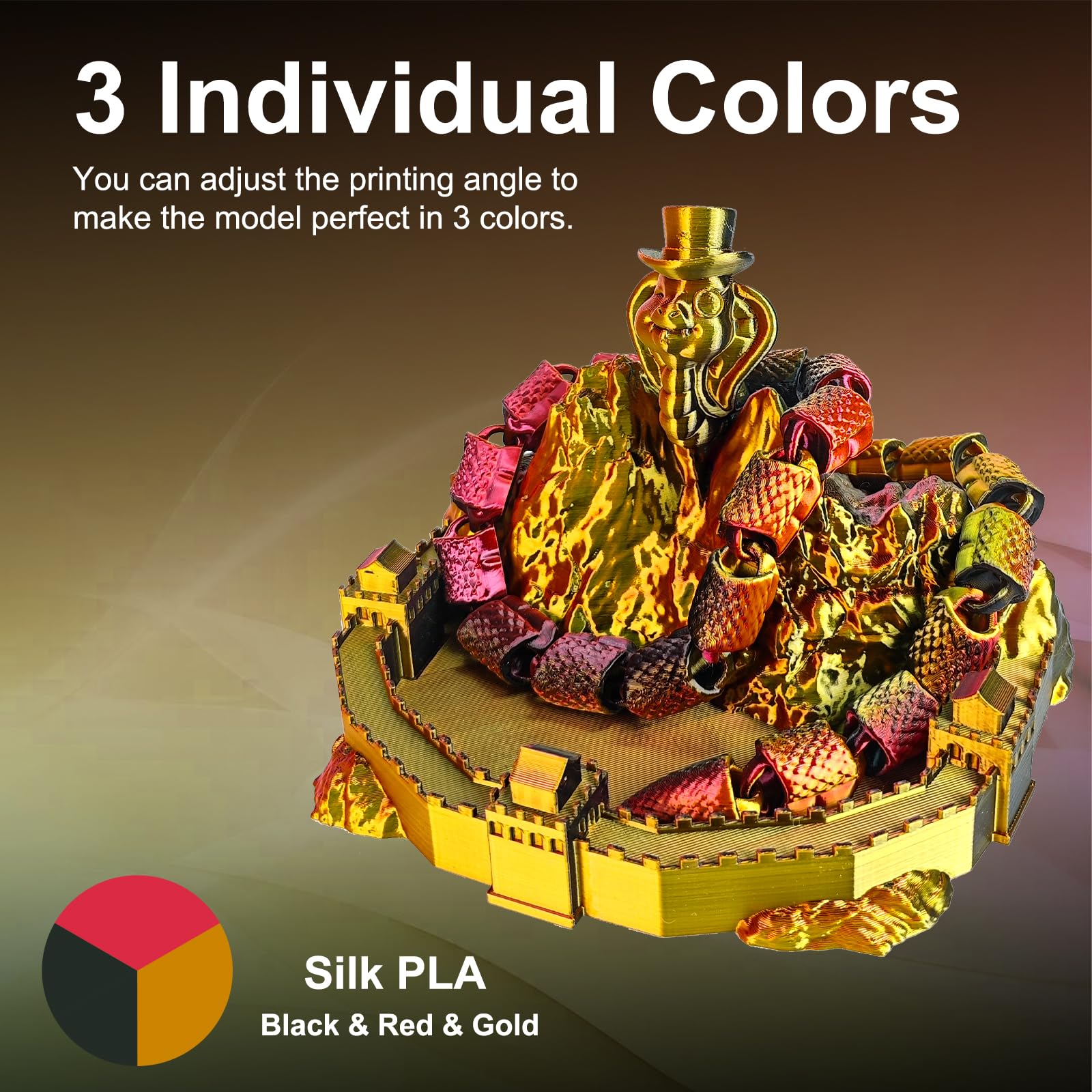 Eryone Silk Tri Color Coextrusion Pla Filament,3D Printer 1.75Mm,+/ 0.03Mm, Triple Color Filament 1Kg(2.2Lbs), Silk Red Gold Bla