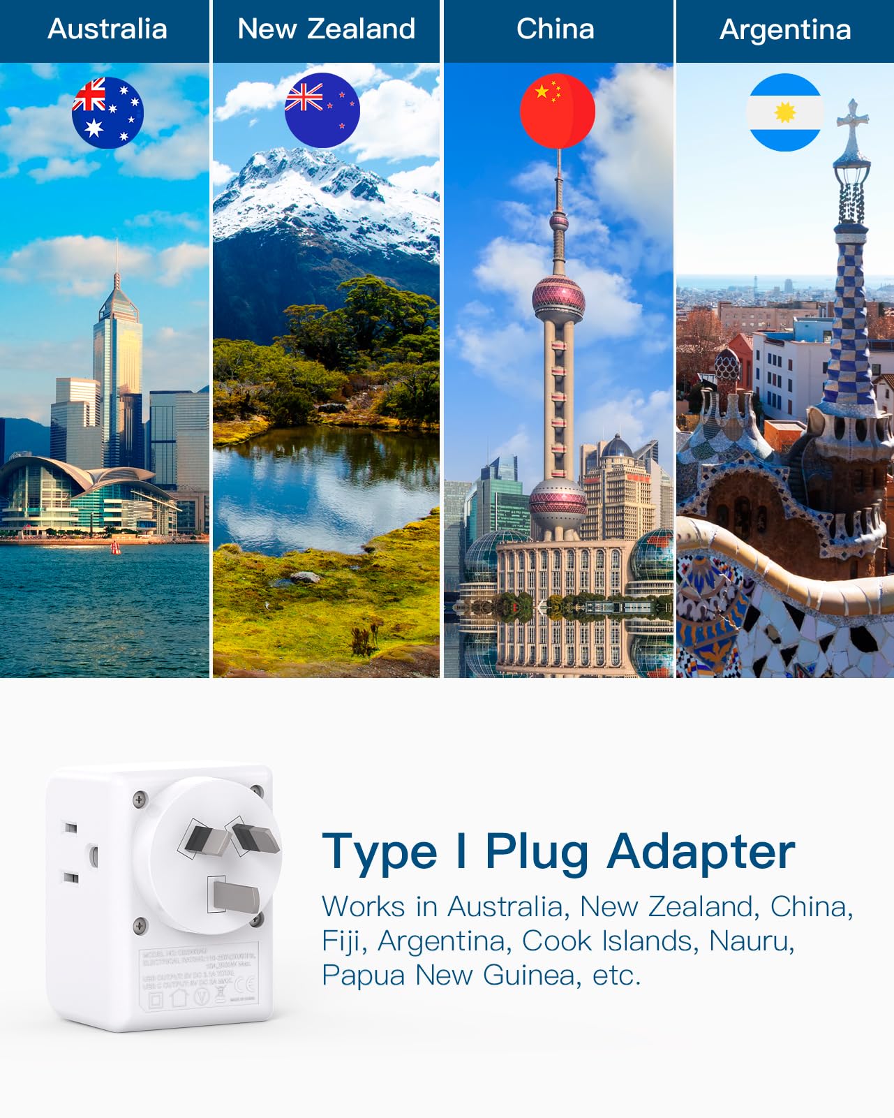 2 Pack Australia New Zealand Power Plug Adapter, Australia Travel Adapter With 3 American Outlets 3 Usb Charging Ports (1 Usb C)