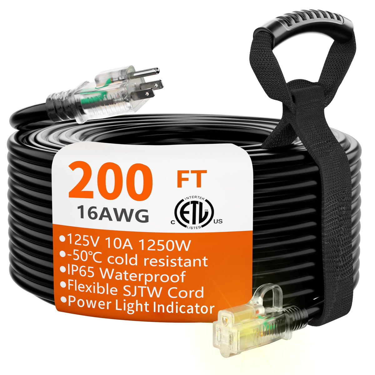 Huanchain 16/3 Gauge 200 Ft Extension Cord Outdoor Waterproof With Lighted End, Flexible Cold Resistant 3 Prong Long Black Exten