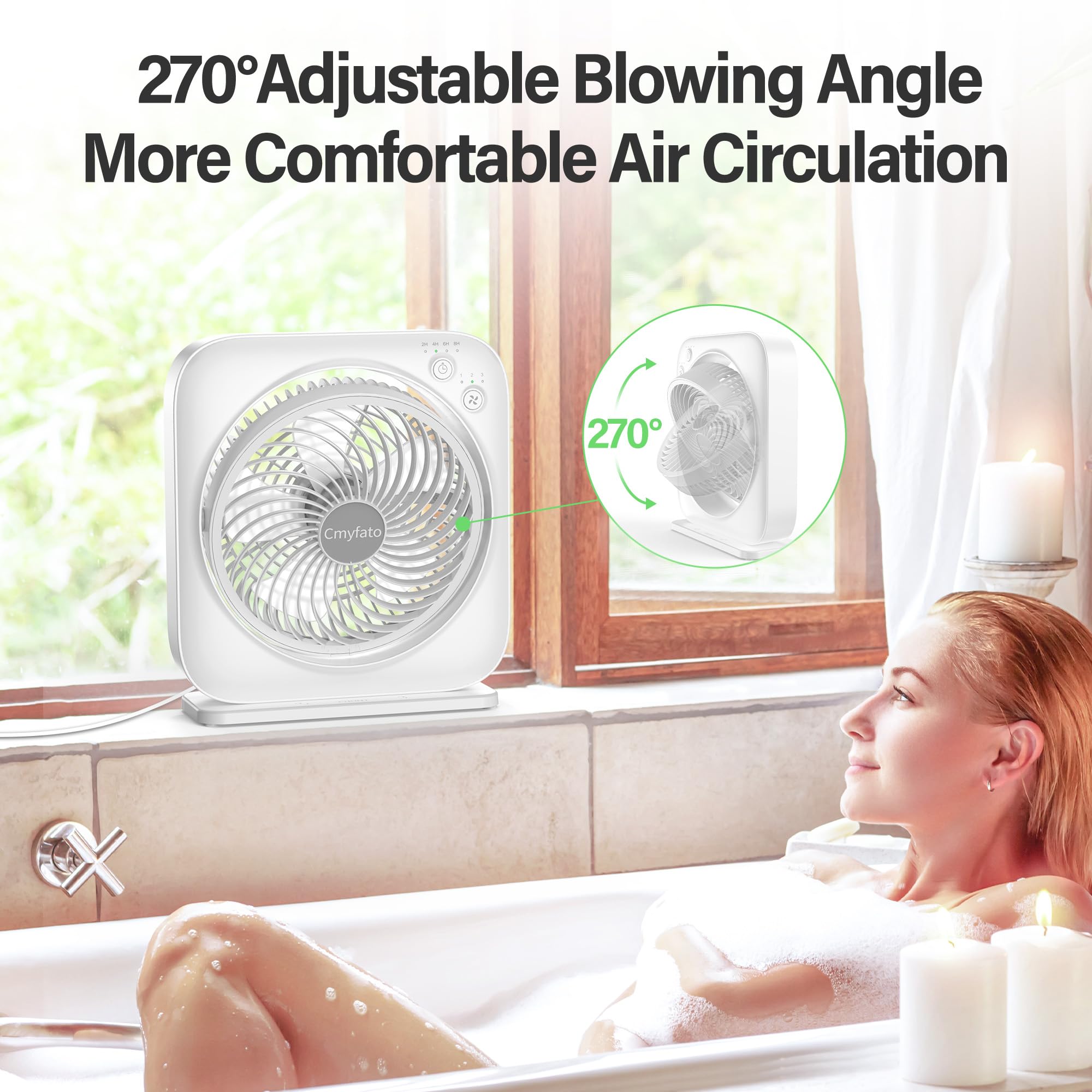 Cmyfato Portable Table Fan, Window Fan,Small Box Fan With 3 Powerful Speed & 4 Timer Setting, 270? Pivoting Quiet Square Dc Fan