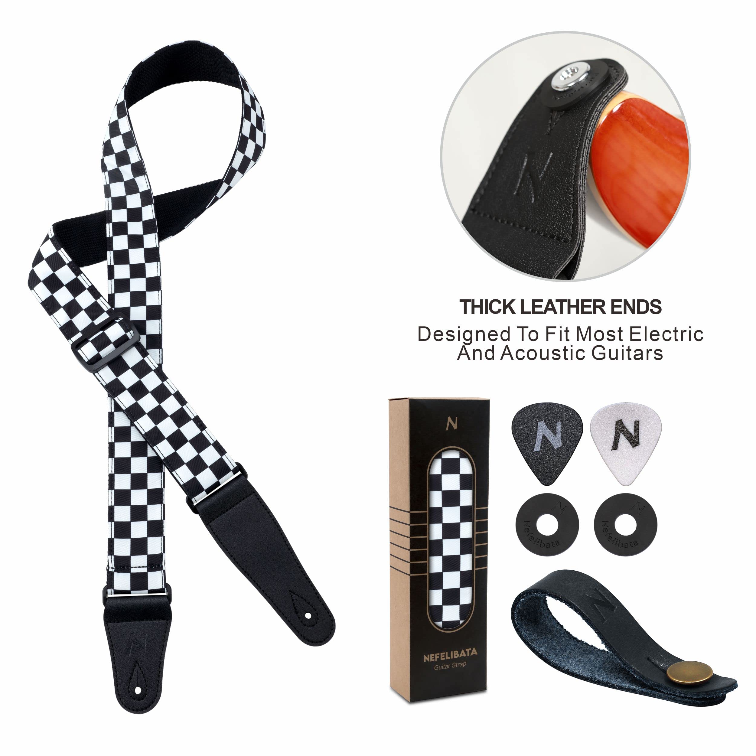 Nefelibata Guitar Strap 2'' Wide Double Layer Cotton Original Design Adjustable Guitar Straps With Long Leather Ends For Bass, E