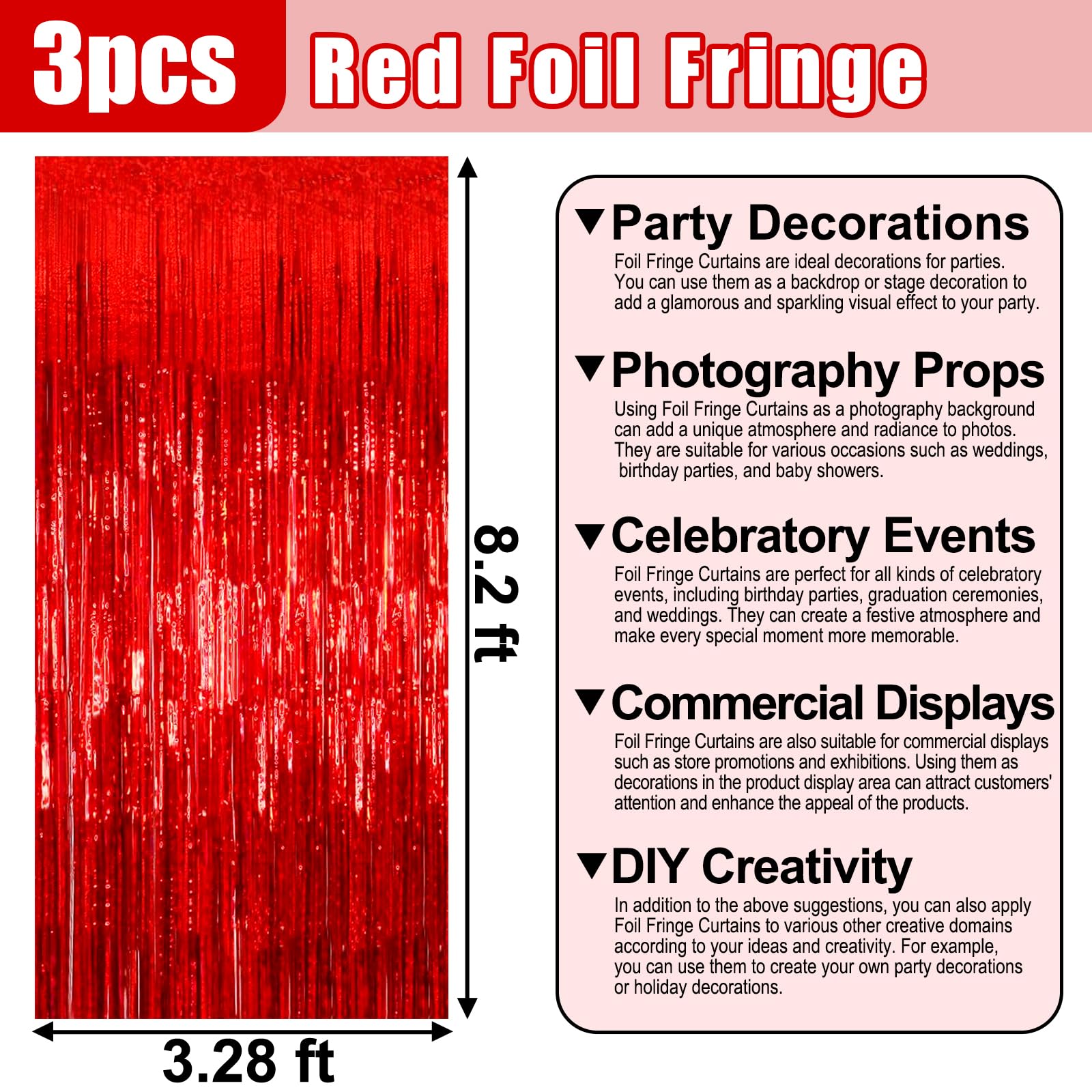 3 Pack Red Foil Fringe Curtain Backdrop, 3.28Ft X 8.2Ft Metallic Tinsel Foil Fringe Streamer Curtains For Photo Booth, Valentine