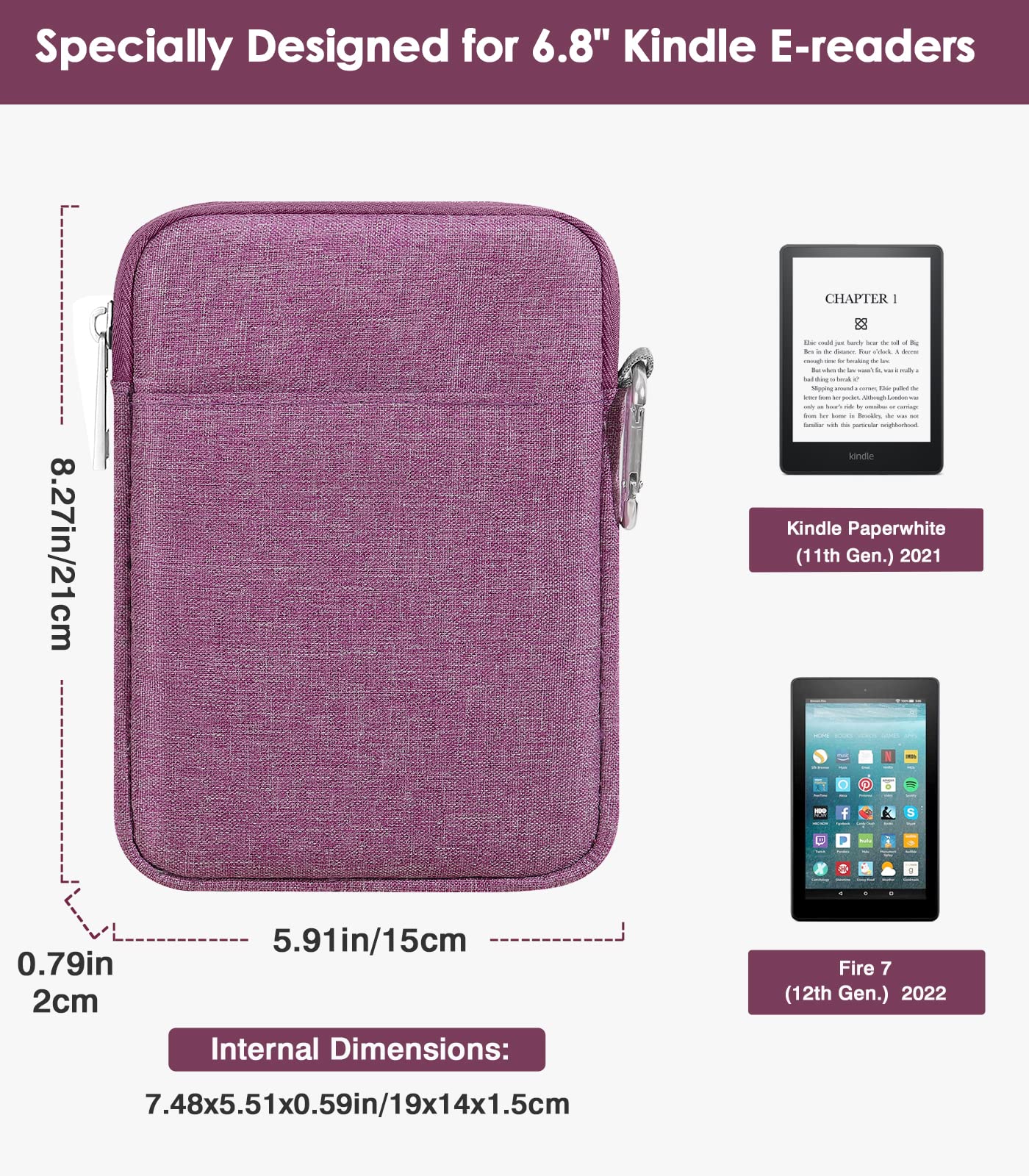 MoKo 6 7' Kindle Sleeve Bag,Protective Nylon Cover Compatible with 7' Kindle Colorsoft 2024,Kindle Paperwhite 2021, All New Kindle/Kids (11th Generation) 2022, Kindle Oasis E Reader, Purple