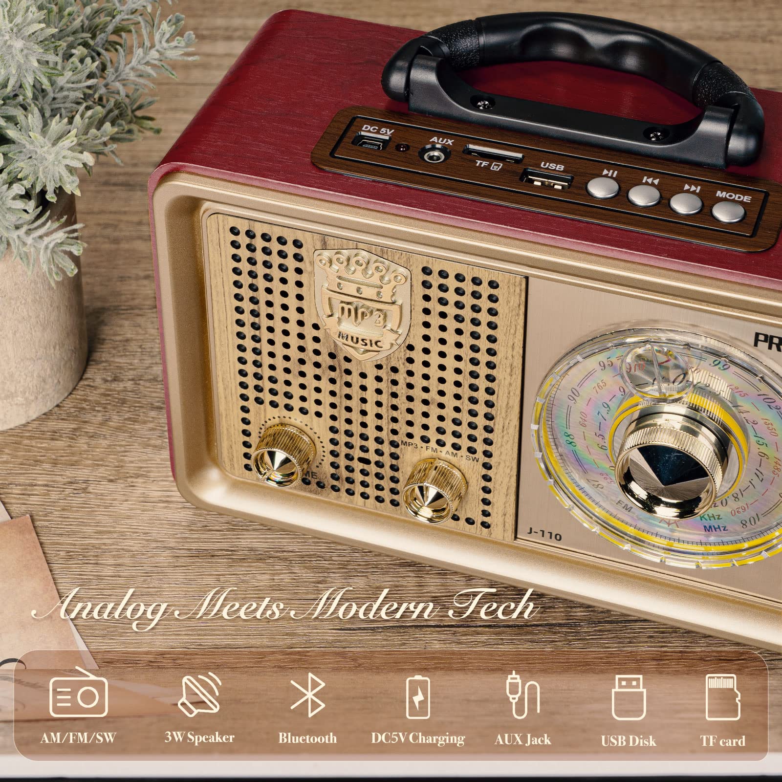 Prunus J110 Retro Radio Bluetooth Speaker Portable Am Fm Shortwave Radio Transistor Battery Operated Vintage Radio With 3 Way Power Sources, Enhanced Bass, Aux Tf Card Usb Disk Mp3 Player For Gift