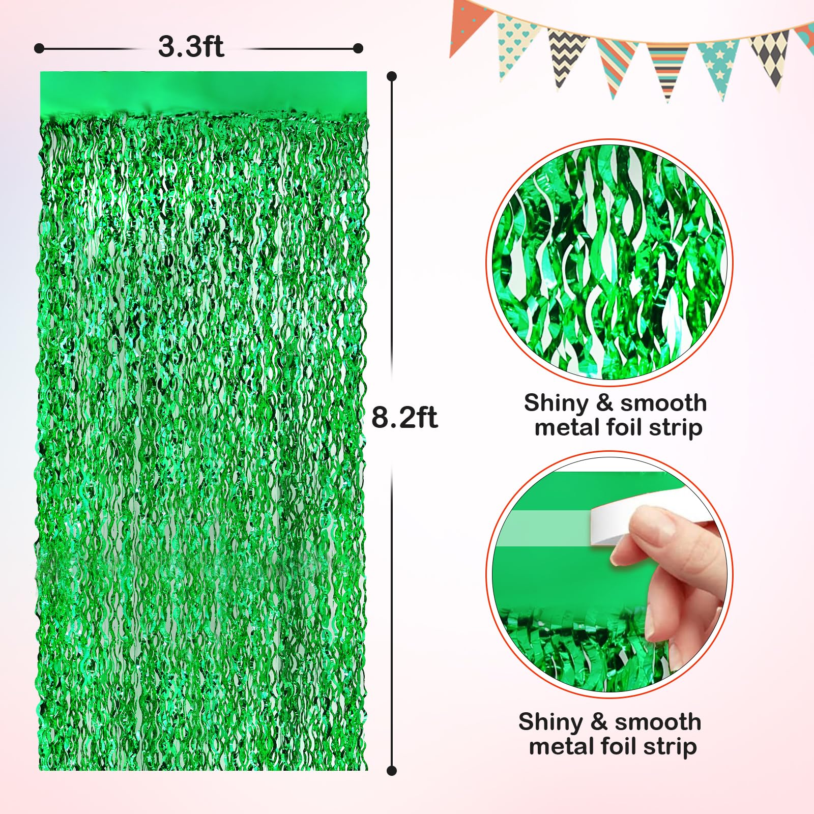 Wavy Green Metallic Tinsel Foil Fringe Curtains, 2 Pack 3.3X8.3 Feet Party Streamer For Birthday Party Decorations, Halloween De