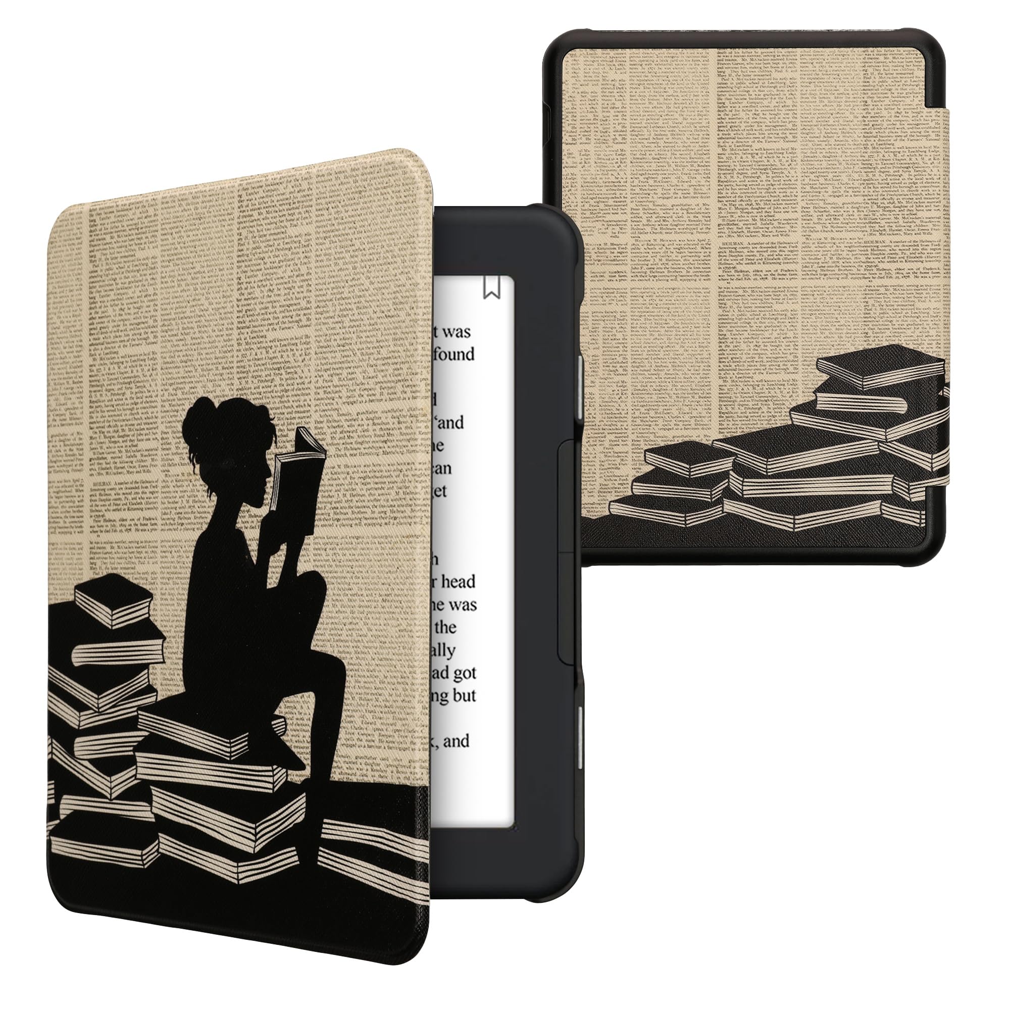 Kwmobile Case Compatible With Barnes & Noble Nook Glowlight 4 Plus Case   Ereader Cover   Girl And Books Black/Beige