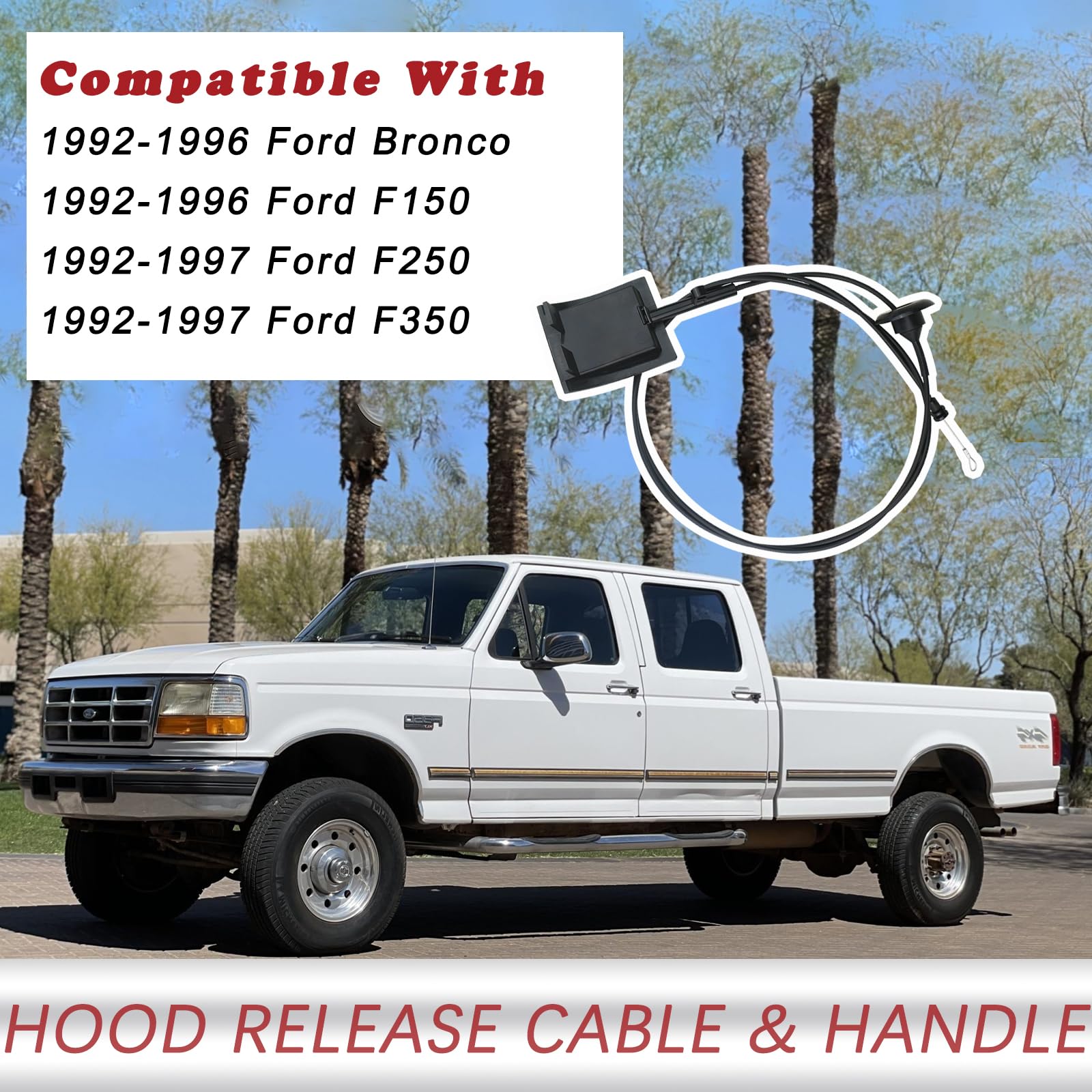Tqponly 912 042 Hood Release Cable & Pull Handle Compatible With Ford Bronco F150 F250 F350 Pickup Super Duty Replaces F2Tz16916