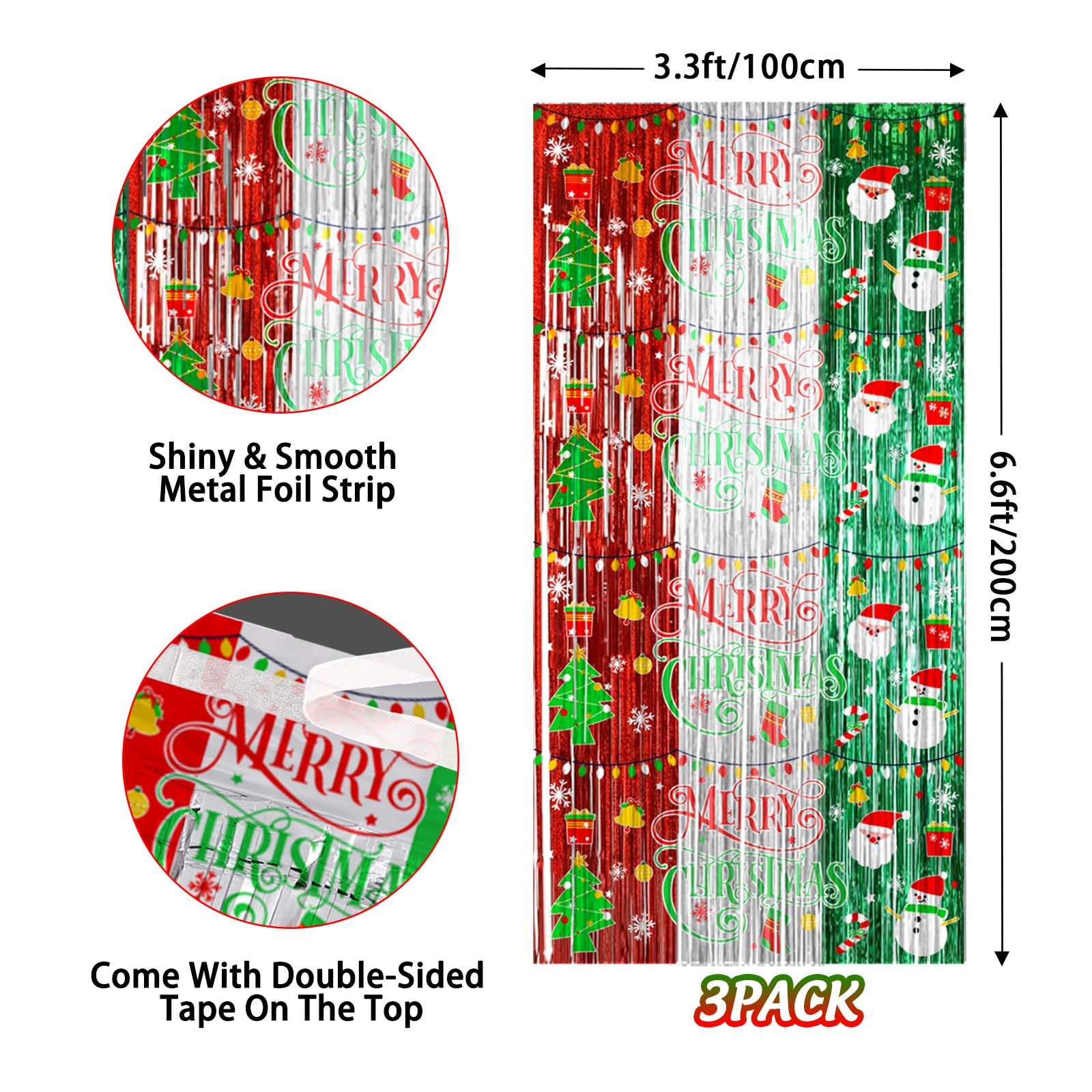Avezano 3Pcs Christmas Party Decorations Merry Christmas Foil Fringe Curtains For Kids & Adults Selfie Picture Backdrop Holiday