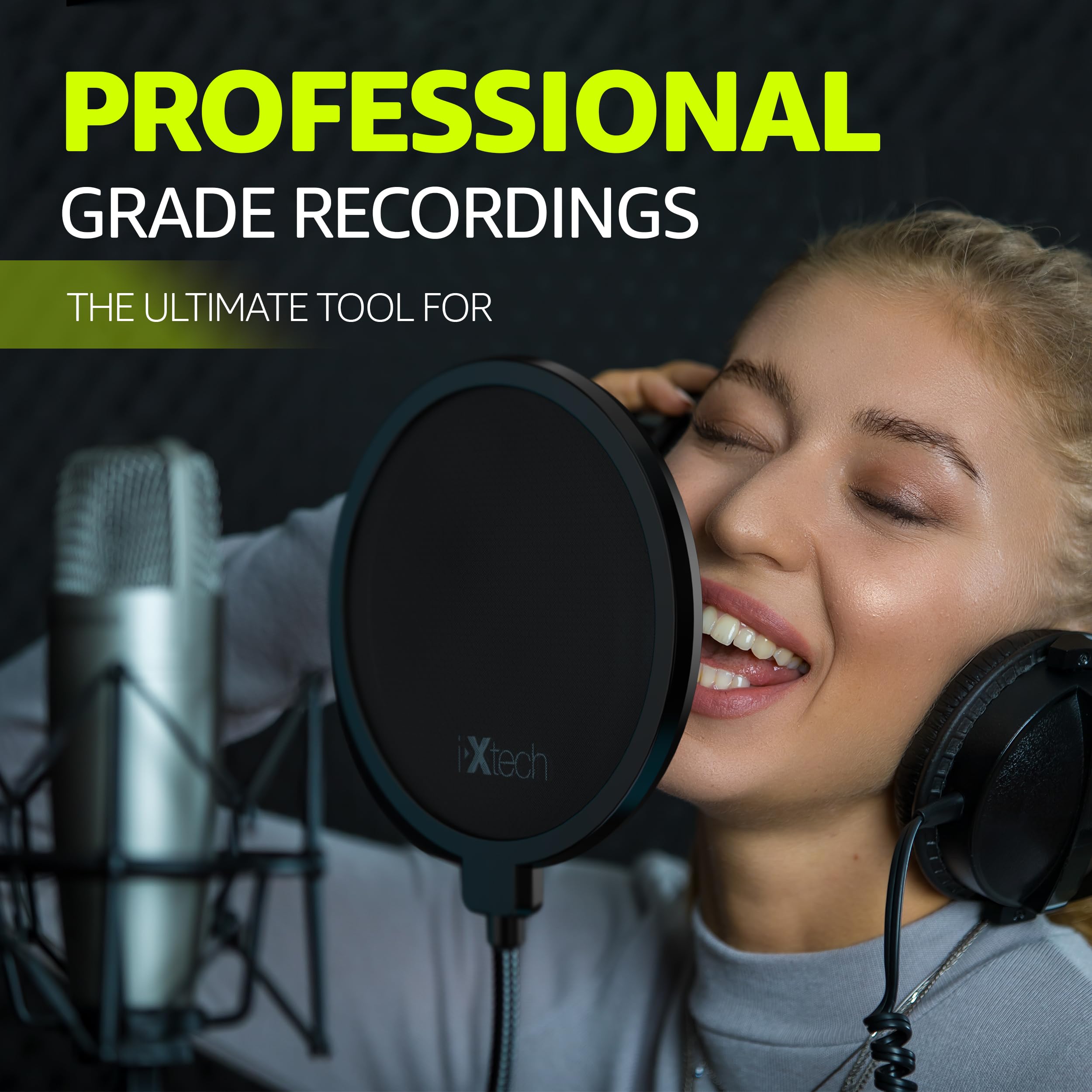 Ixtech Pop Filter For Mic Microphone, Blue Yeti Mic Pop Filter Dual Layered Wind Pop Screen With A Flexible 360 Degree Gooseneck