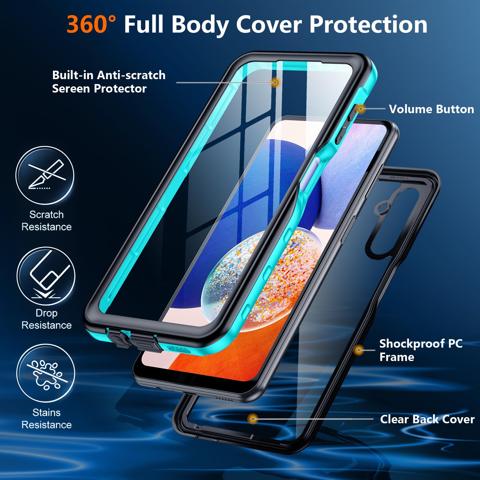Spidercase For Samsung Galaxy A14 5G Case Waterproof,Full Heavy Duty Protection,Built In Screen & Camera Protector,Military Shoc