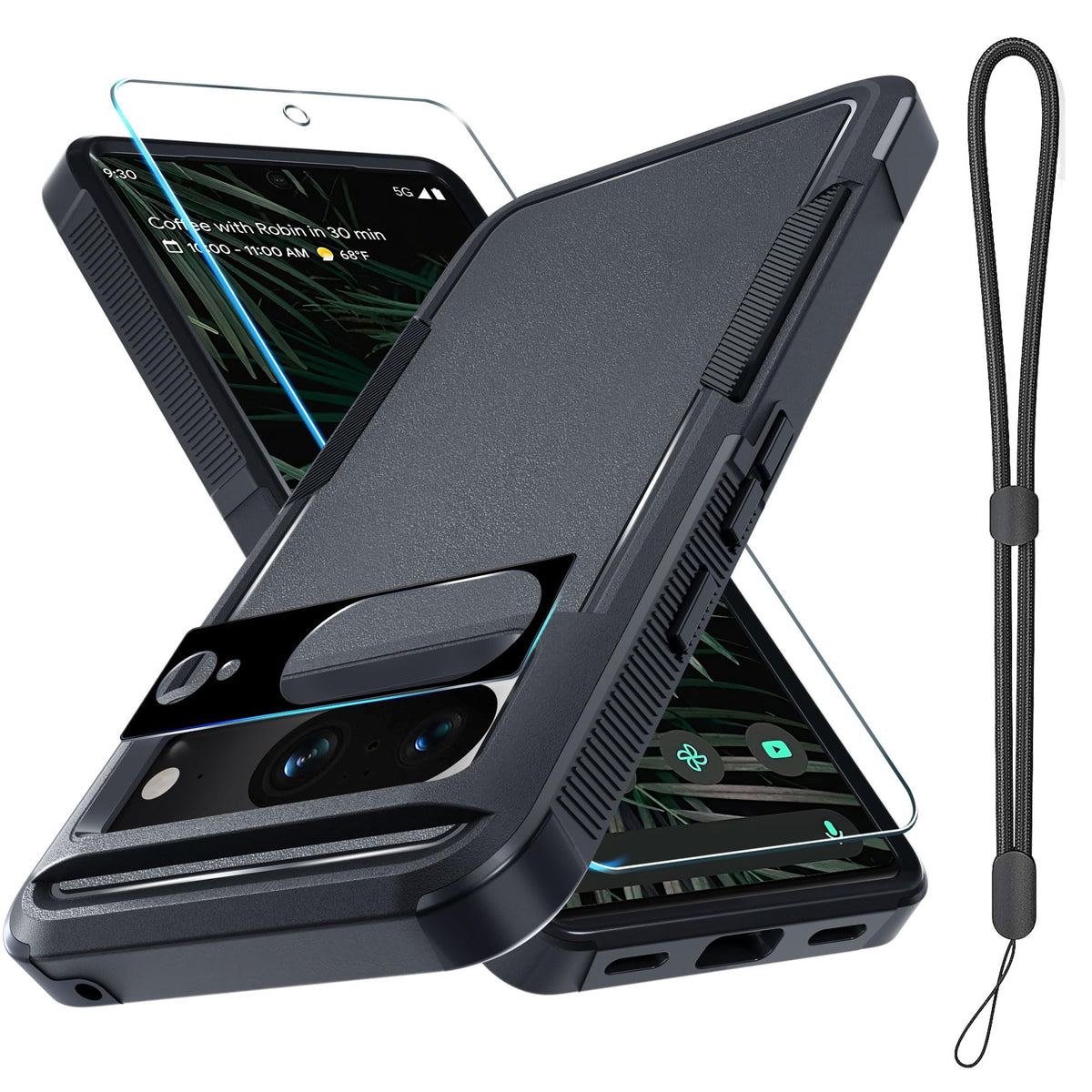 For Google Pixel 8 Case, Full Body Heavy Duty Rugged Shockproof Protective Phone Cover With Wrist Lanyard Strap, Tempered Glass