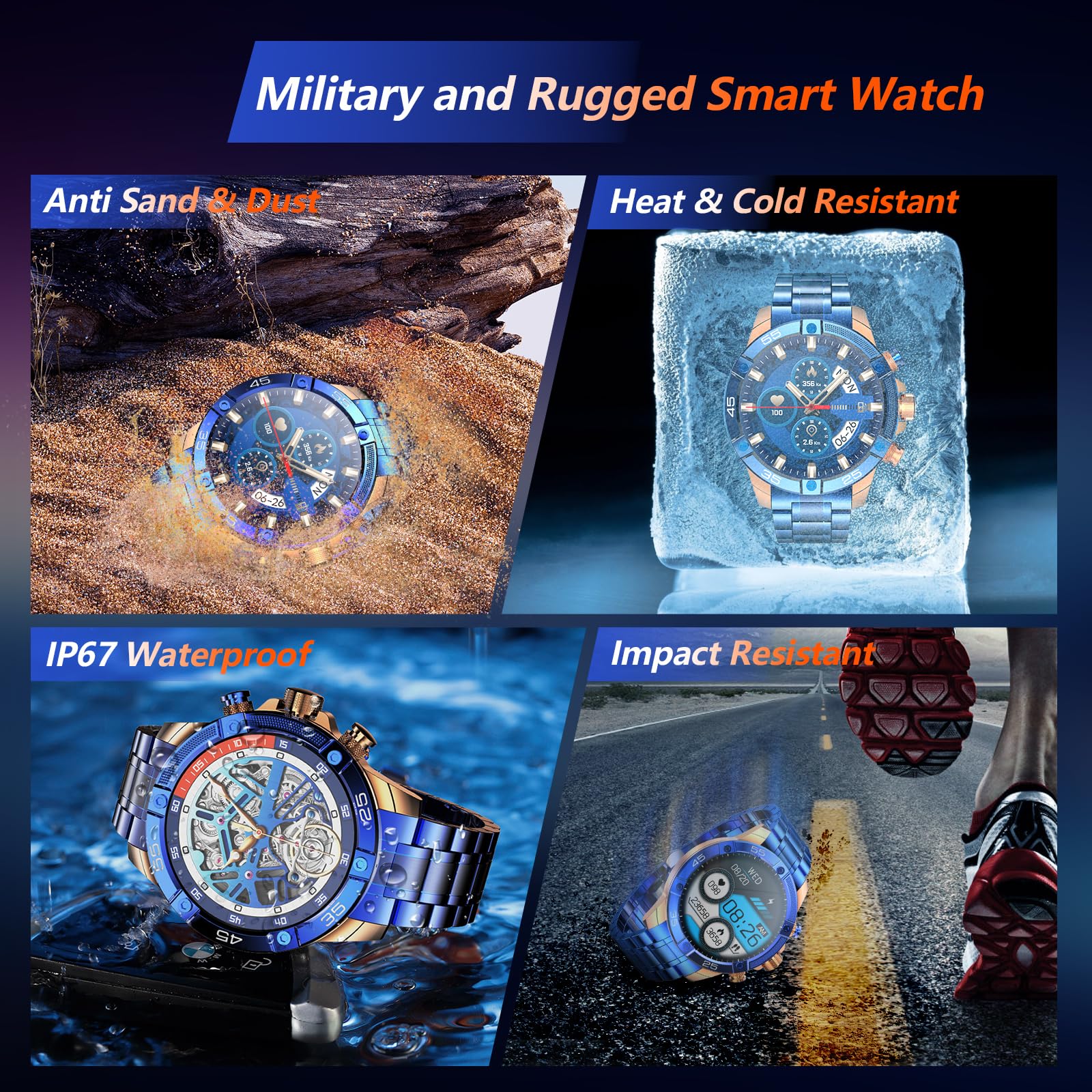 Ohugna Smart Watch(Bluetooth Answer/Make Call), 1.53'' Hd Round Gold Blue Smartwatch For Men, Ip67 Waterproof Fitness Tracker Wi