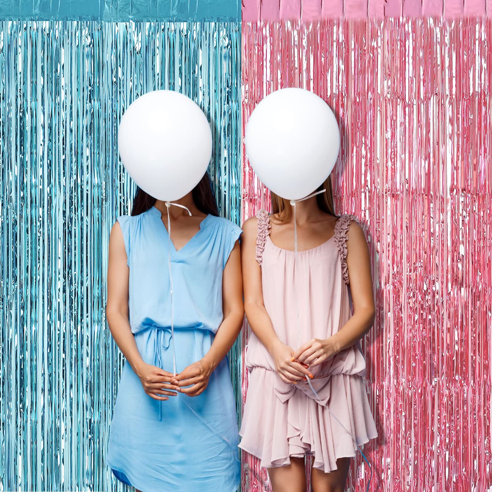 4 Pack 3.2Ft X 8.2Ft Pink Blue Fringe Curtain Backdrop, Metallic Tinsel Foil Fringe Streamers Curtains Background For Photo Boot