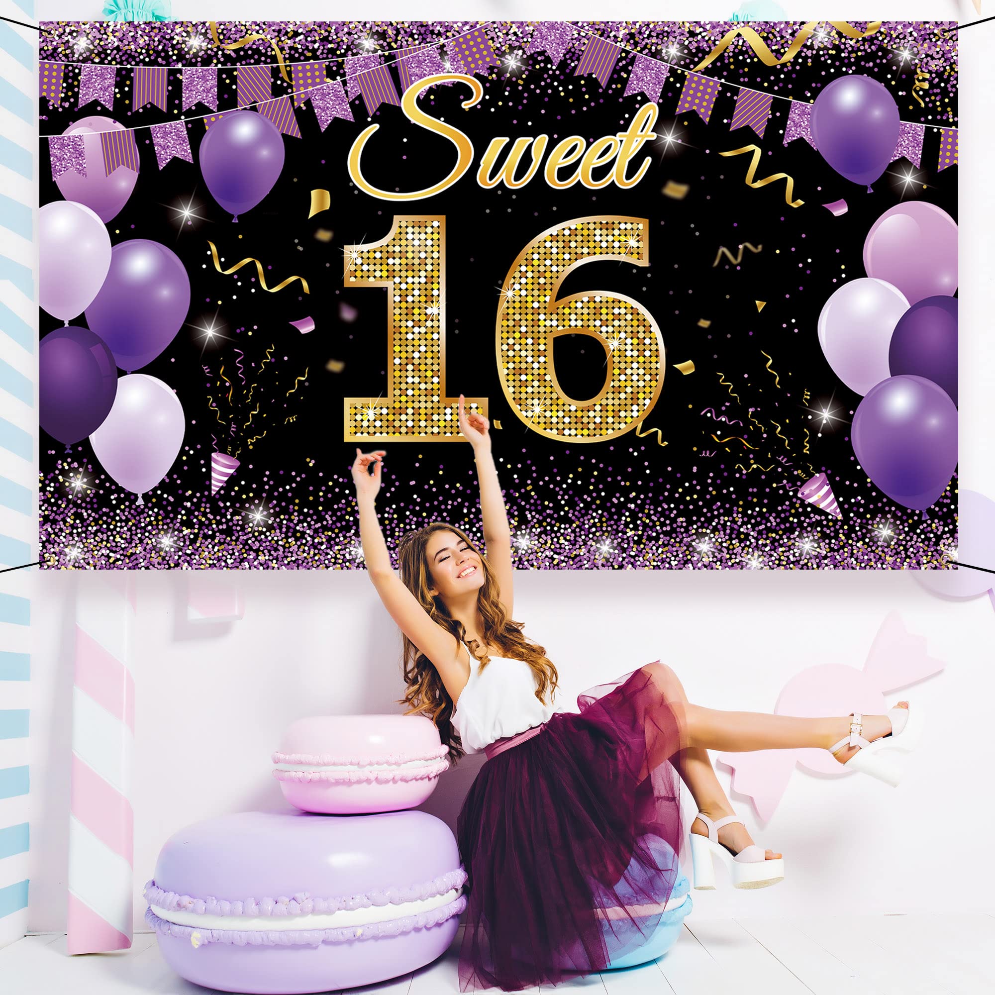 Sweet 16 Birthday Decorations Backdrop Banner, Happy 16Th Birthday Decorations For Girls, Gold Purple Sweet Sixteen Party Decora
