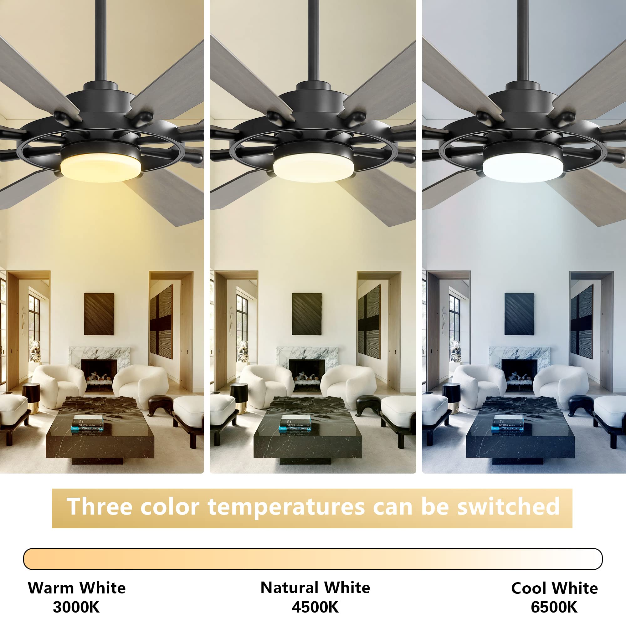 80'' Ceiling Fan With Lights And Remote Control, Wood 8 Blades 6 Speed Noiseless Reversible Dc Motor, 3 Downrods, Modern Indoor/