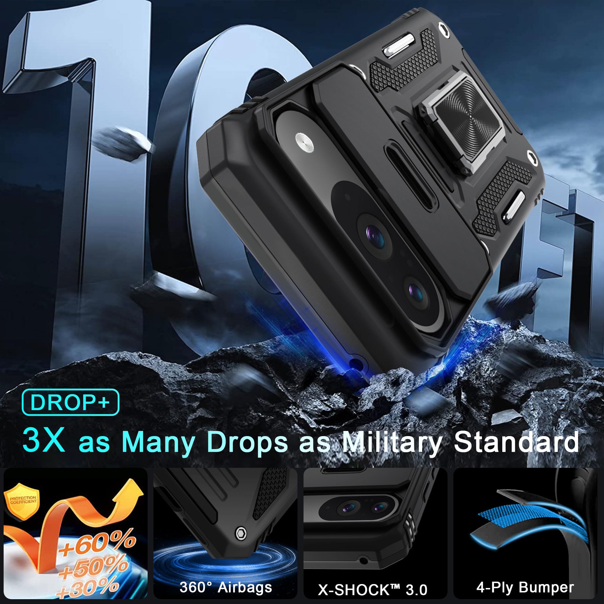 Deerlamn Case For Google Pixel 9/9 Pro With Slide Camera Cover+Screen Protector(1 Pack), Rotated Ring Kickstand Military Grade S