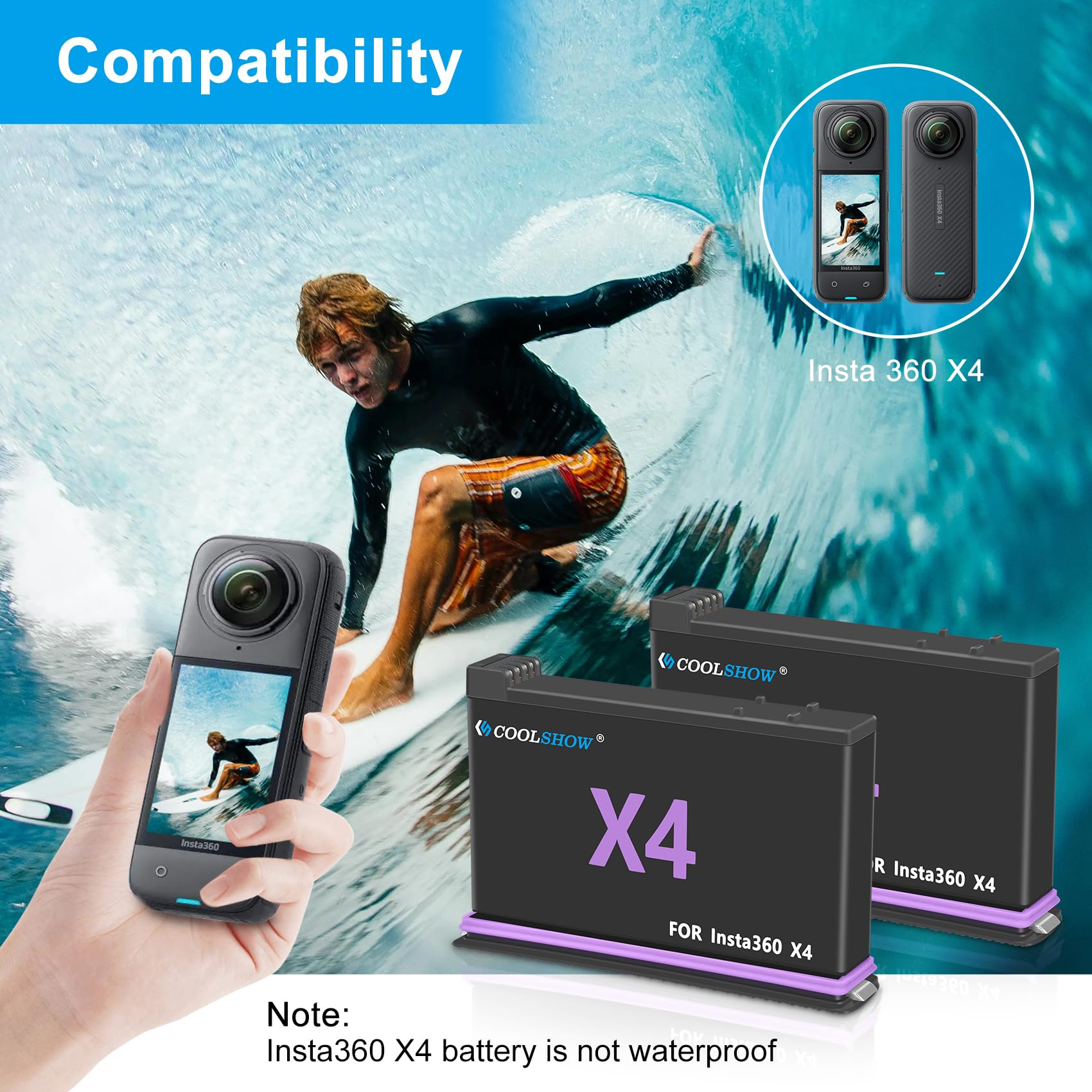 Coolshow Action Camera X4 Battery Replacement 2500Mah 2 Packs Only Compatible With Insta360 X4 Camera